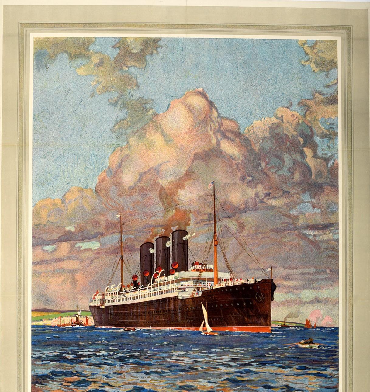 Original vintage cruise travel poster for Anchor Line Glasgow and New York featuring a great image of a ship with small sailing boats and a rowing boat at sea in front of the land in the background, the smoke from the three funnels rising into a