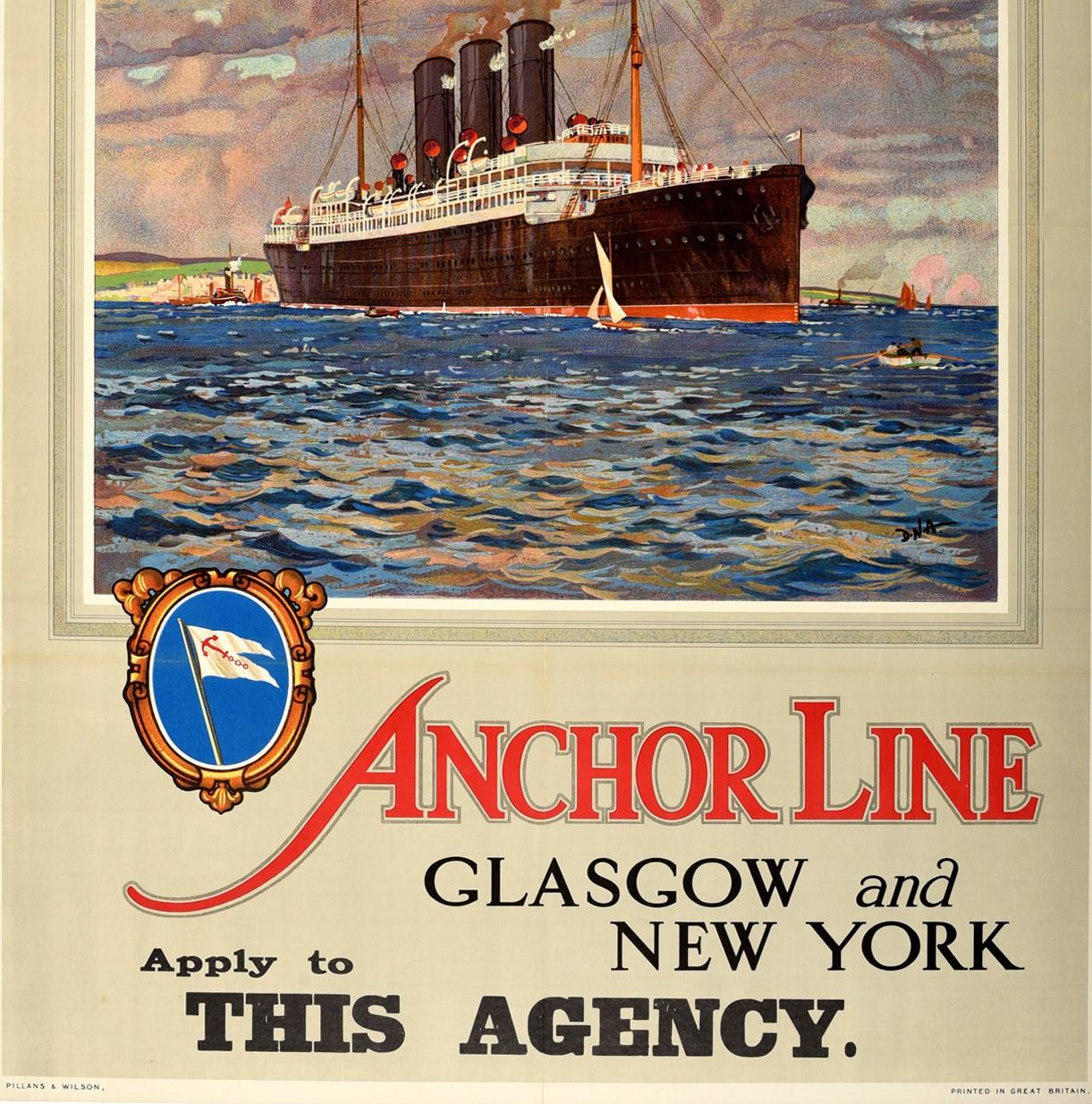 British Original Vintage Poster Anchor Line Glasgow New York Ocean Cruise Ship Travel