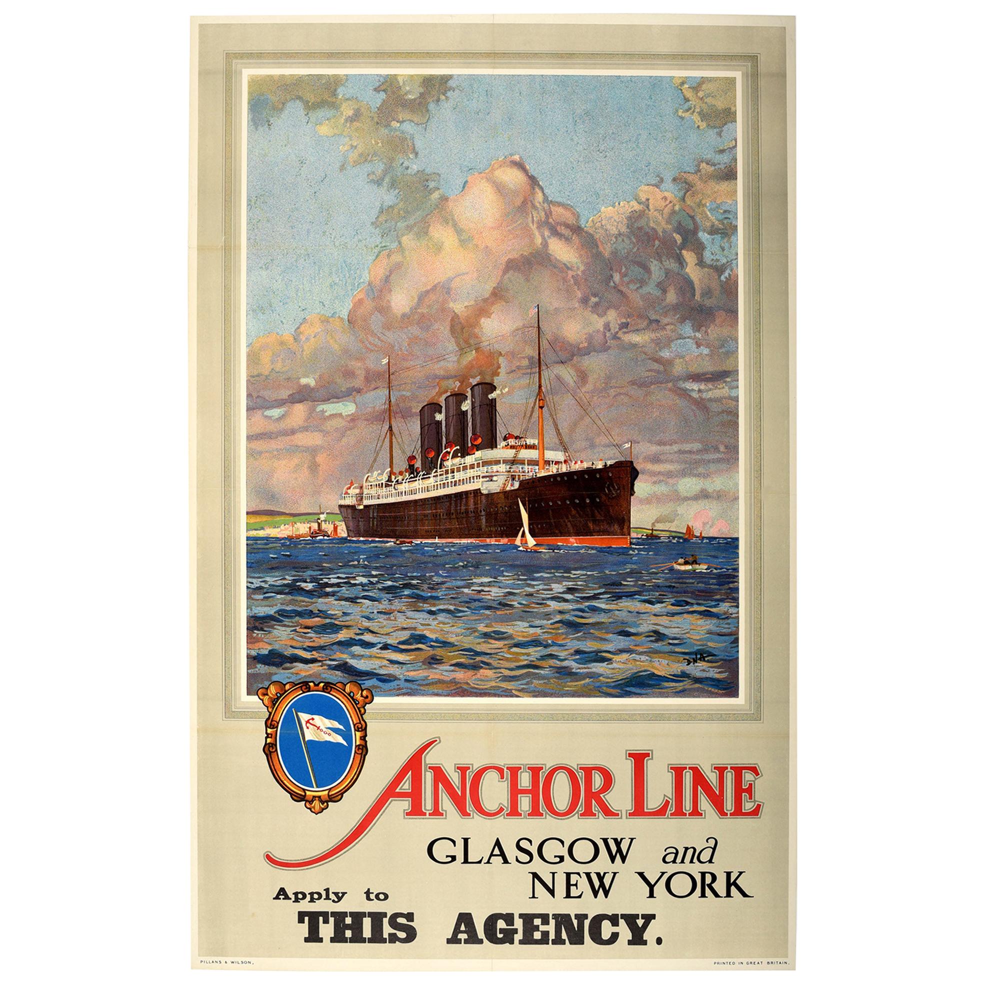 Original Vintage Poster Anchor Line Glasgow New York Ocean Cruise Ship Travel