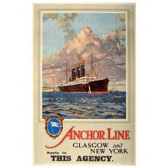 Original Vintage Poster Anchor Line Glasgow New York Ocean Cruise Ship Travel