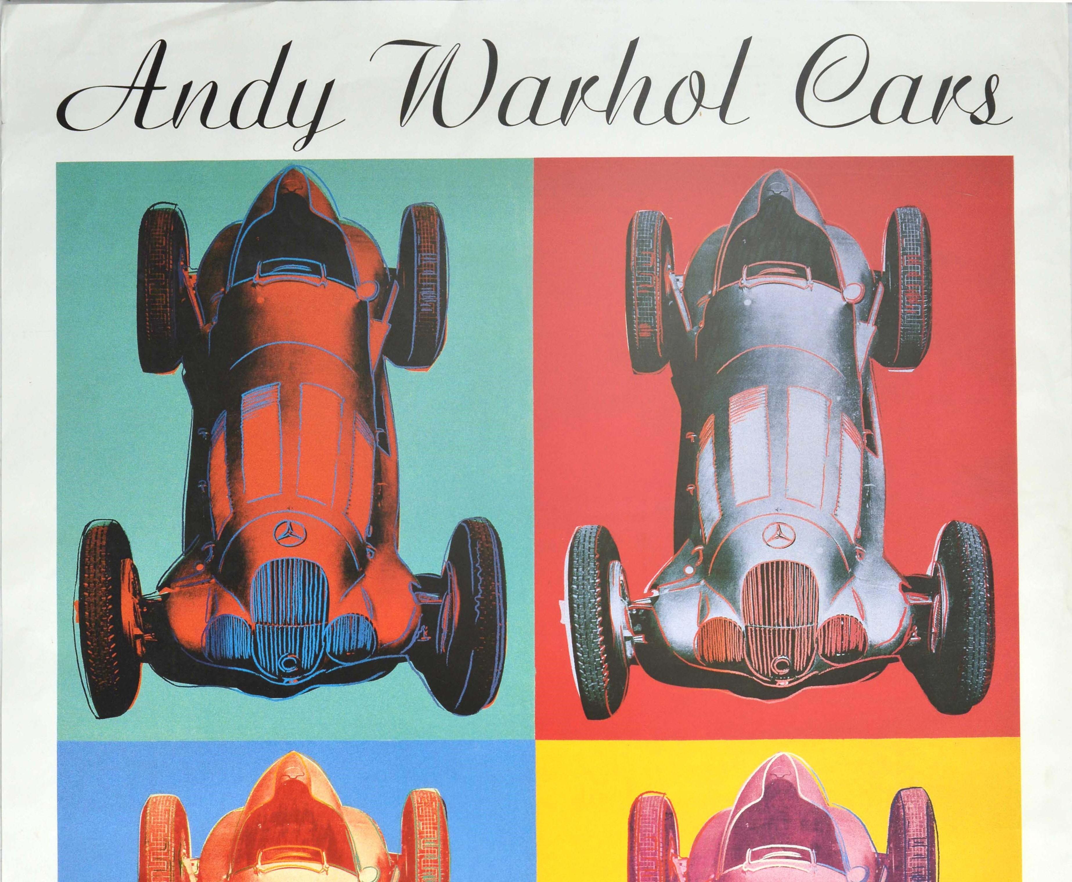 Original vintage advertising poster for an exhibition of Andy Warhol Cars at the Kunstmuseum Bern from 2 March to 29 April 1990 on loan from the collection of Daimler Benz featuring a colourful iconic design by the notable American pop artist Andy