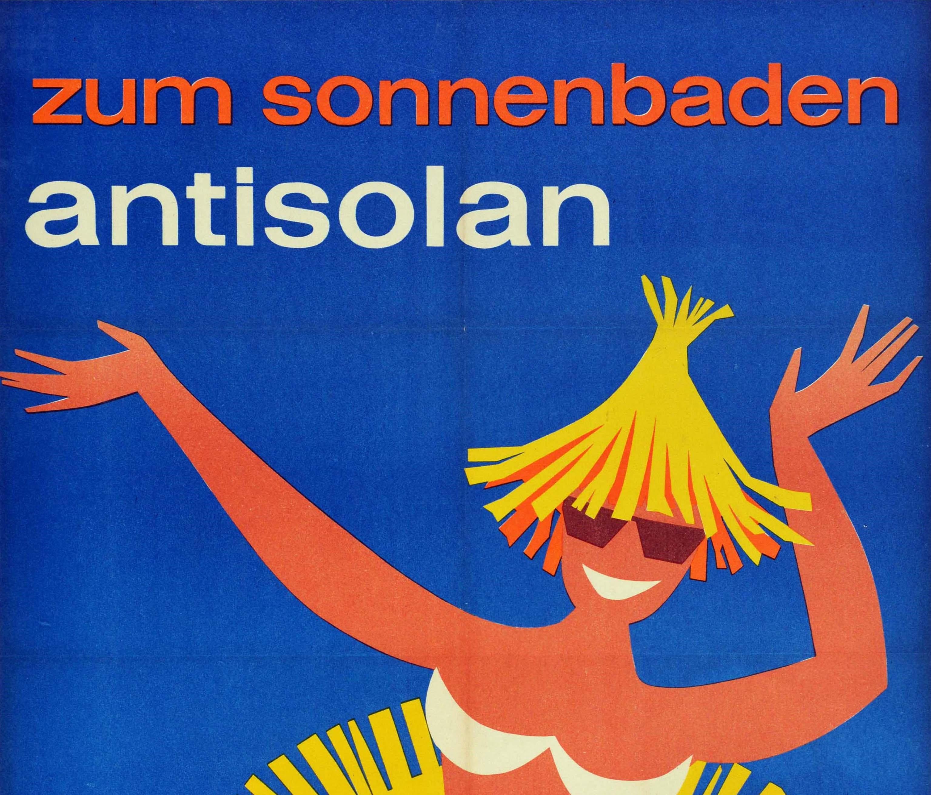 Original vintage advertising poster for Antisolan sun cream lotion - zum sonnenbaden antisolan / for sunbathing - featuring a bold and colourful design of a smiling lady wearing a white bikini with sunglasses and a yellow straw hat raising her arms