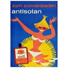 Original Vintage Poster Antisolan Zum Sonnenbaden Sunscreen Sunbathing Beach Art