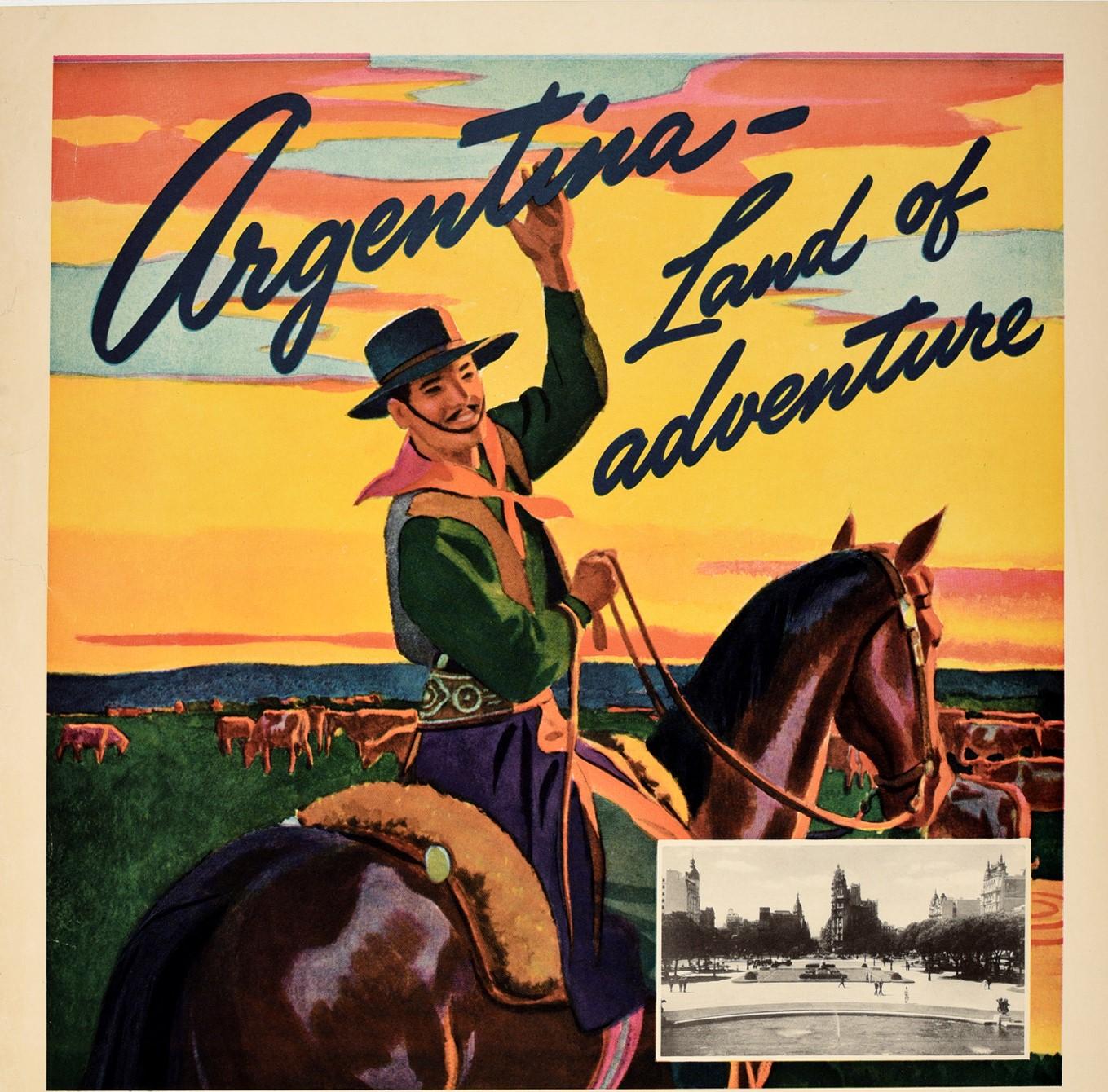 Original vintage South America cruise travel poster - Argentina Land of Adventure 45 day leisure way cruise SS Argentina sails February 13 / 52 day Argentine cruise tour SS Brazil sails March 6 Moore McCormack Lines - featuring a colourful design