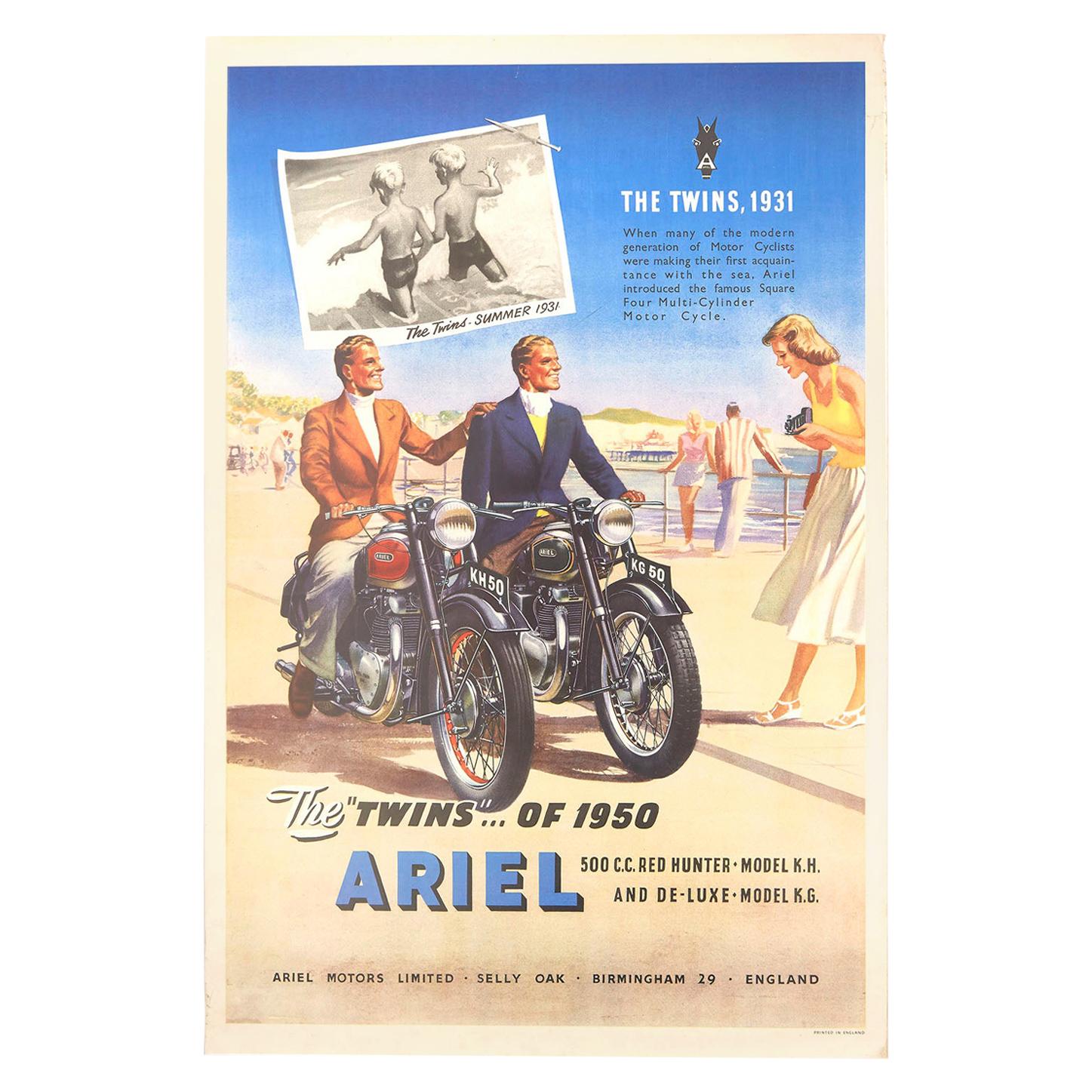 Original Vintage Poster Ariel Motorcycles The Twins Red Hunter Deluxe Models Sea