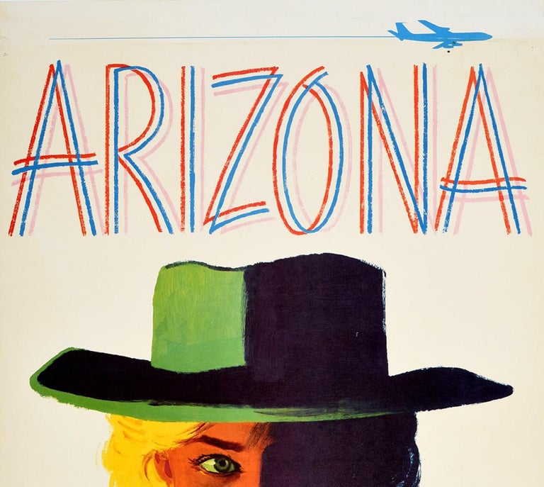 Original vintage travel advertising poster for Arizona Fly TWA featuring a great design by Austin Briggs (1908-1973) depicting a young lady wearing a hat and smiling to the viewer with the outlines of a cactus and mountains in the Arizona desert