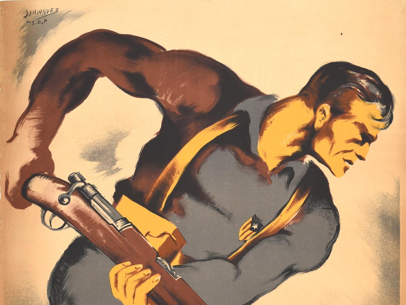 Original vintage Spanish Civil War propaganda poster - Rights are Gained by the Weapons of the Catalan State / El Dret es Guanya per les Armes Estat Catala - featuring a dynamic image of a man wearing the Blue Estelada independent flag of Catalonia