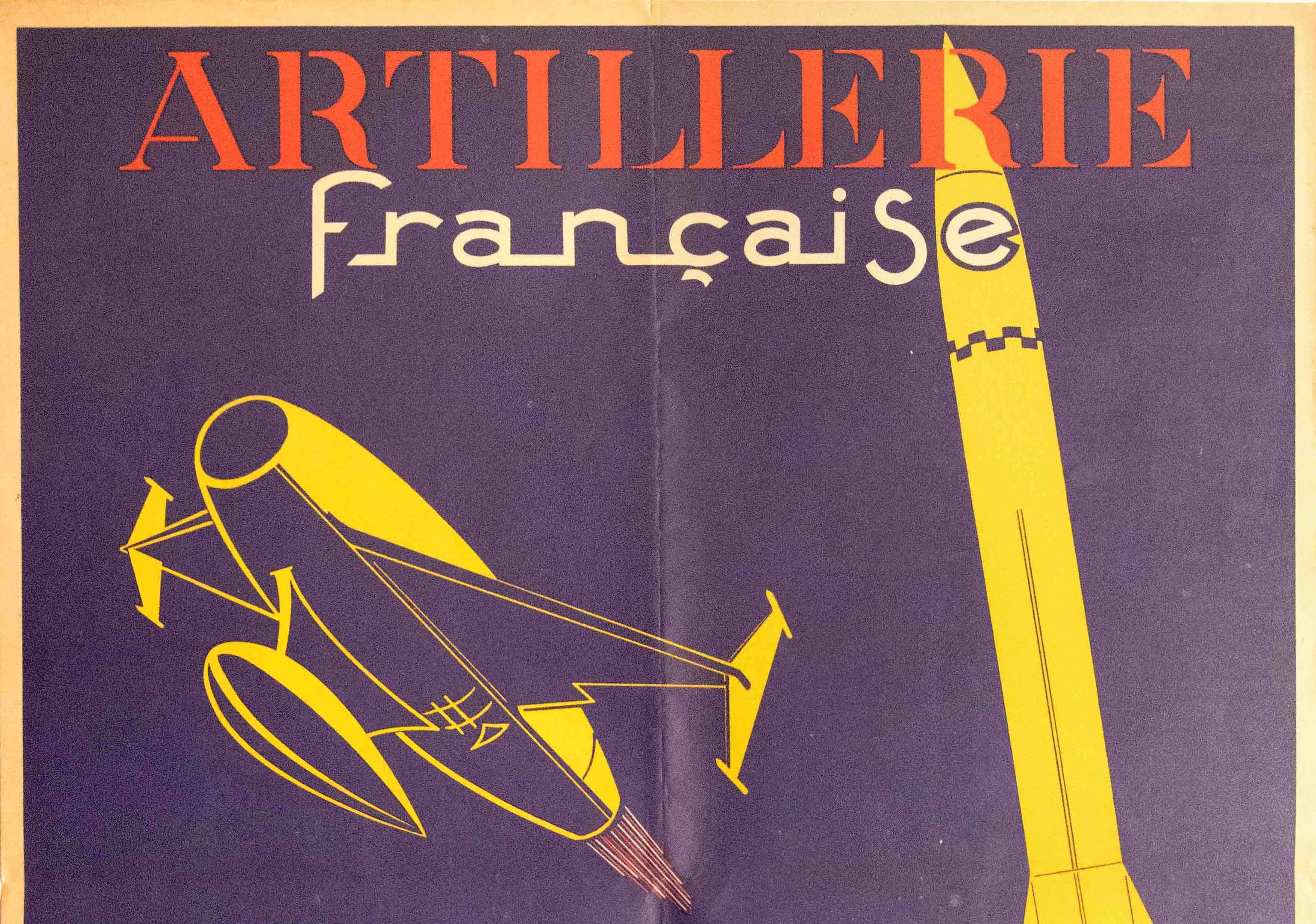 Original vintage propaganda poster for the French Artillery / Artillerie Francaise featuring an illustration of a rocket and a plane in yellow above a tank in black and white driving forward set against a purple blue background with the bold