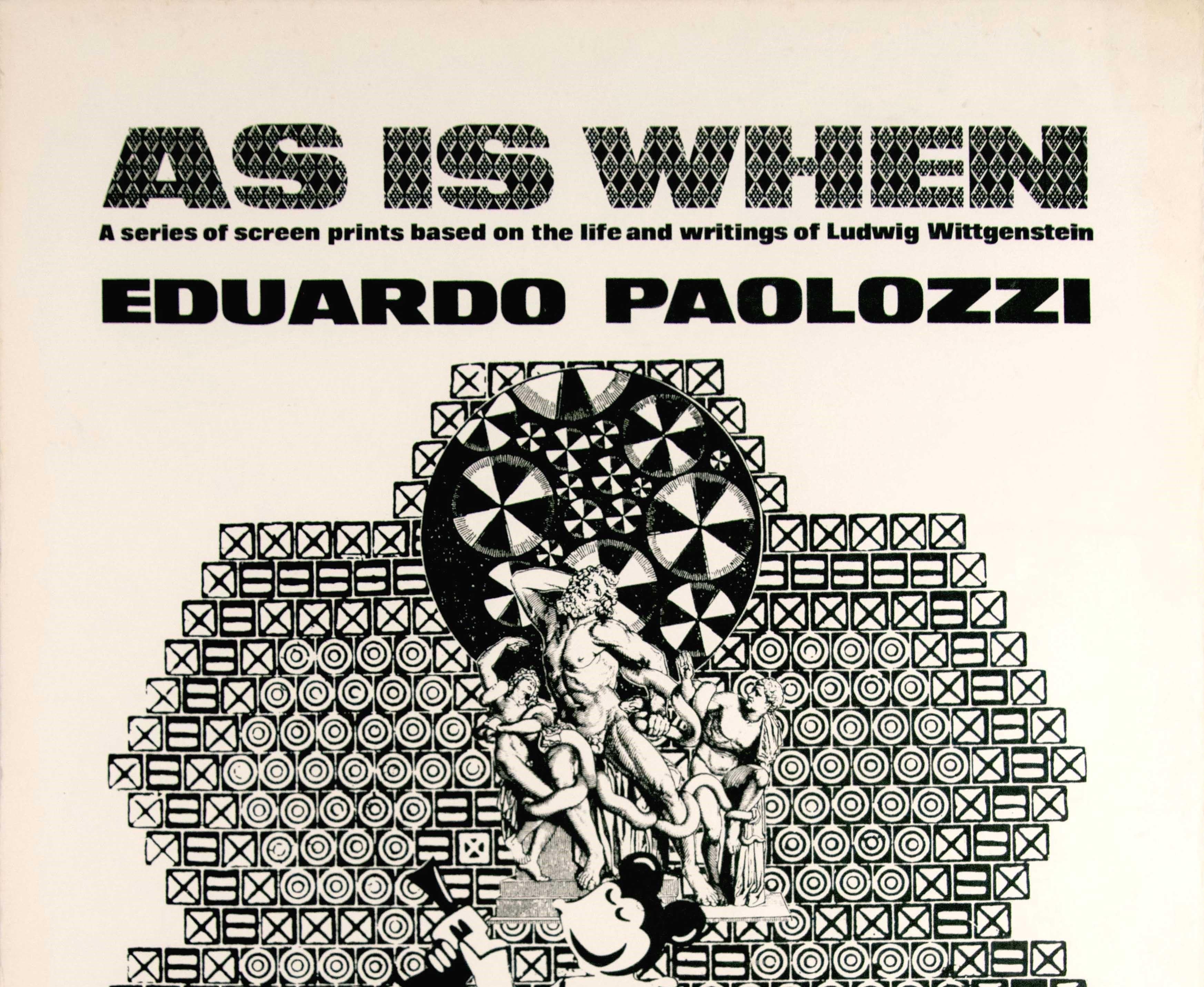 Original vintage advertising poster for an exhibition of work by Eduardo Paolozzi - As Is When a series of screen prints based on the life and writings of Ludwig Wittgenstein - held by Editions Alecto London in May 1965 featuring a surreal design in