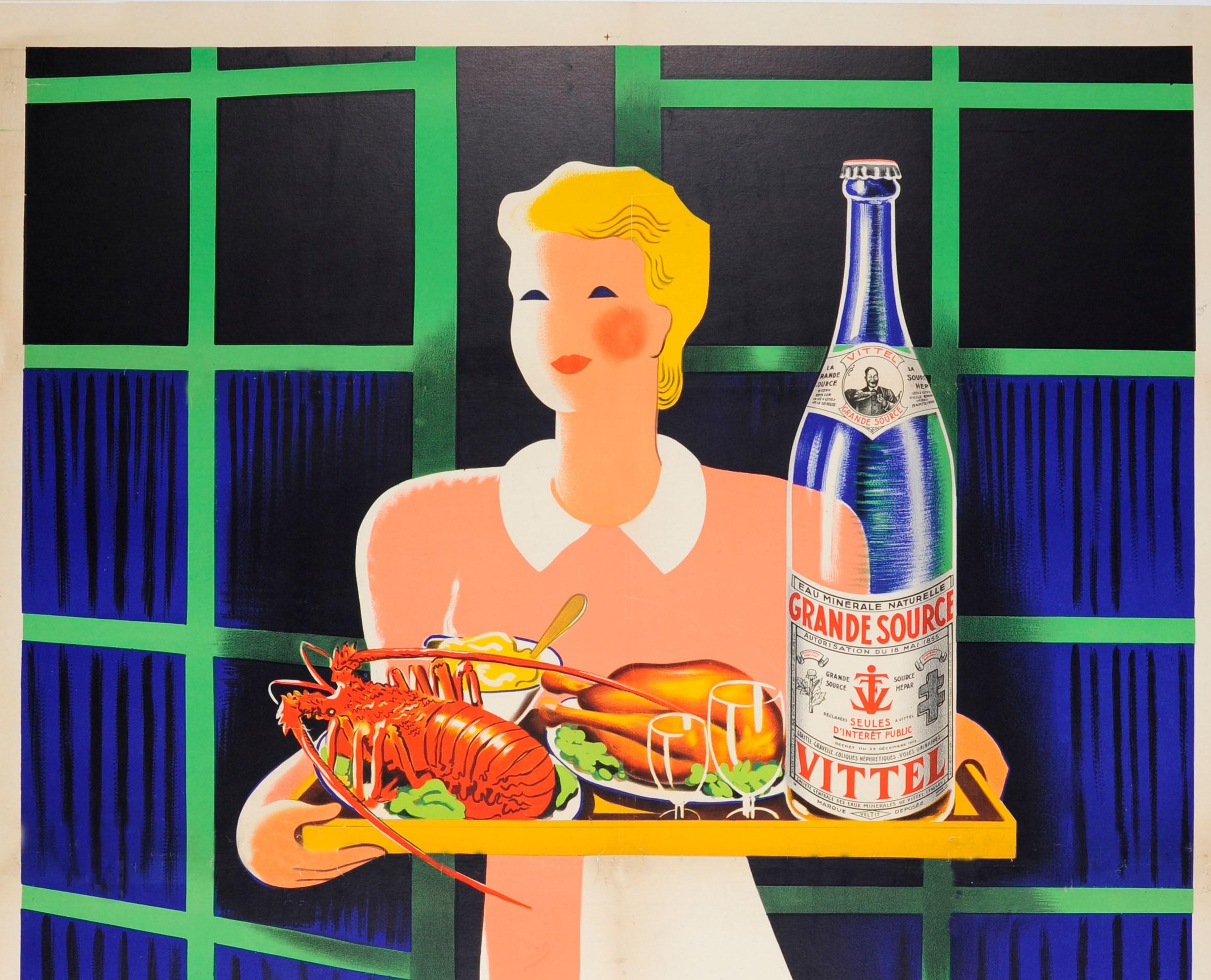 Original vintage drink advertising poster for Grande Source Vittel featuring a great illustration of a lady in an apron holding a tray of food including a lobster and chicken with a bottle of Vittel water and two glasses in front of a green and blue