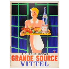 Original Vintage Poster At Every Meal Grande Source Vittel Mineral Water Drink