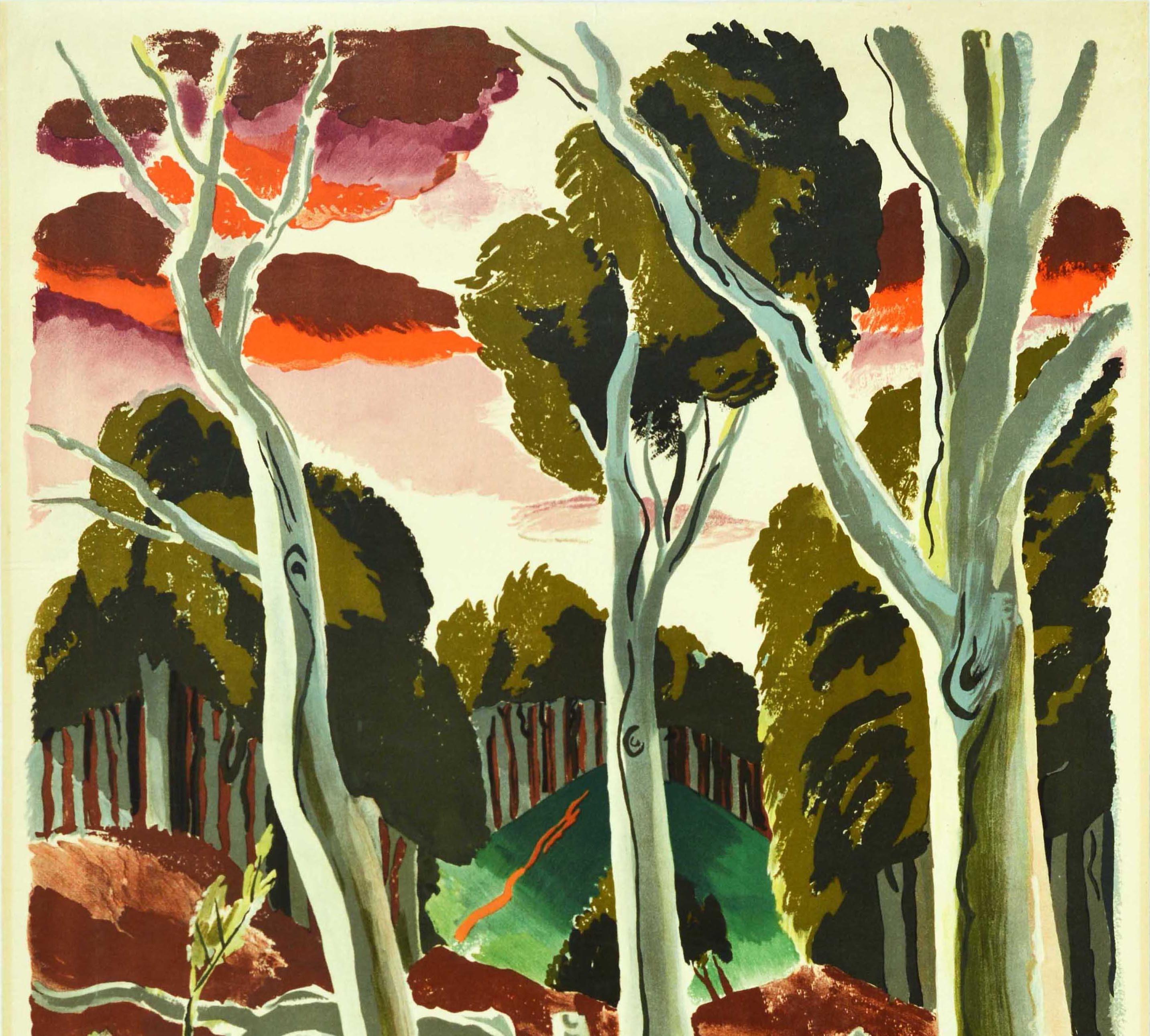 Original vintage London Transport travel poster - At London's Service - featuring a colourful illustration by the British poster designer and artist Clive Gardiner (1891-1960) depicting a scenic view of the historic Epping Forest showing trees