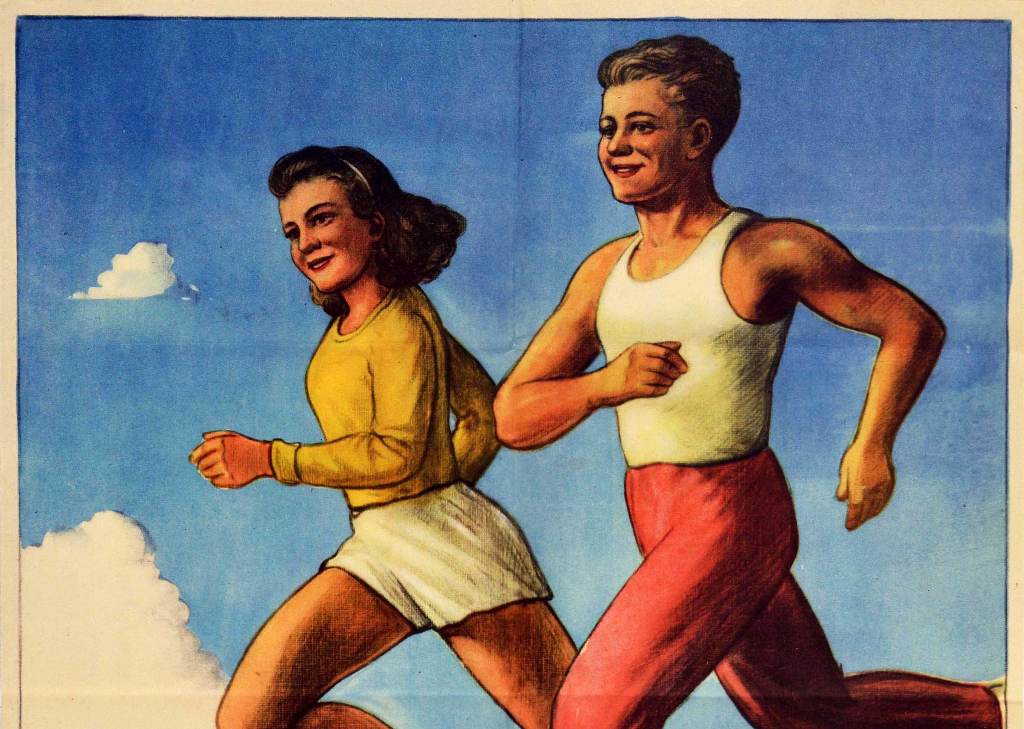 Original vintage sports propaganda poster - Athletic Youth a healthy nation, a happy life at work and peace / Sportovni mladez zdravy narod, stastny zivot v praci a miru - featuring a smiling boy and girl running in the foreground with people