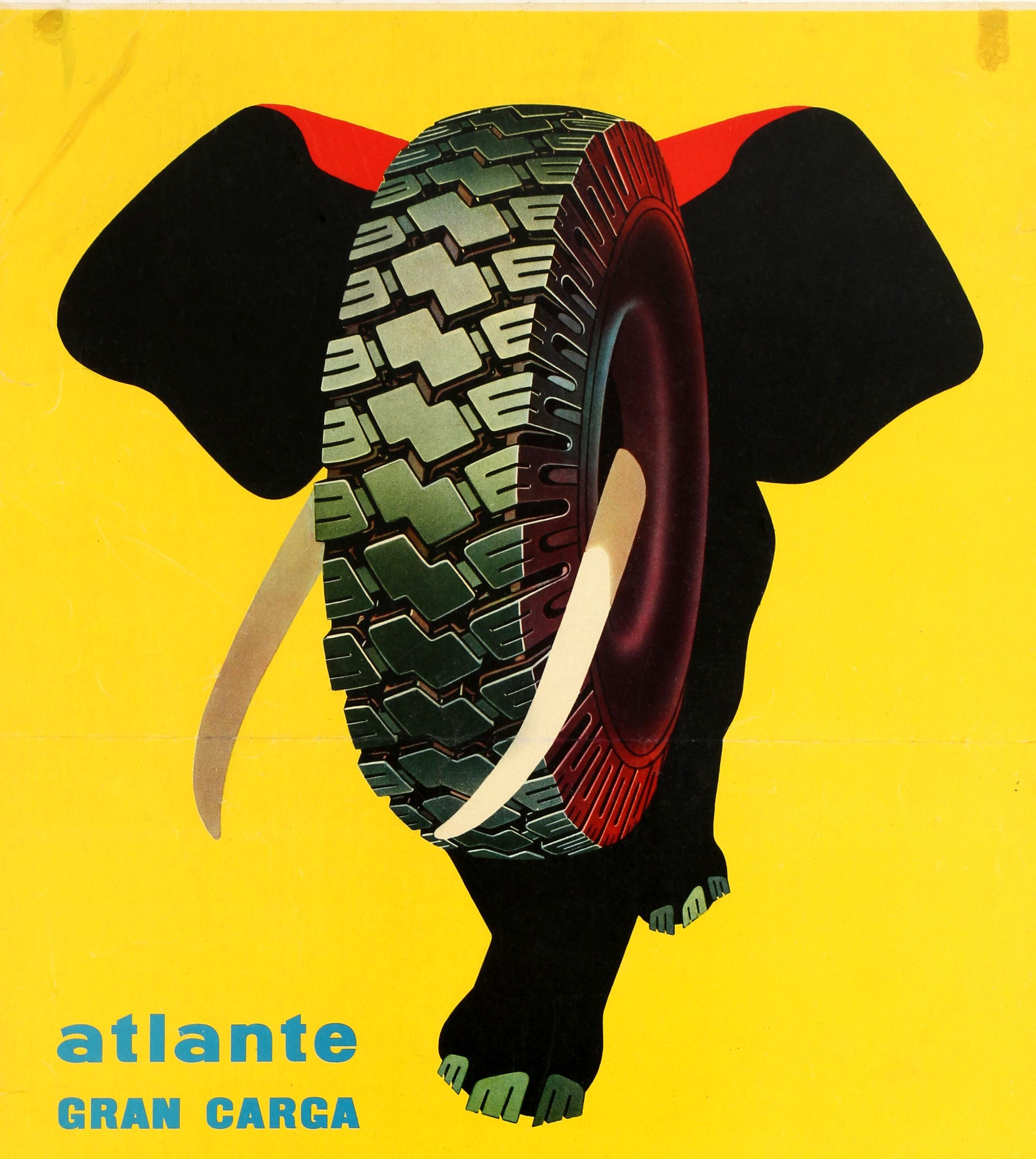 Original vintage tyre advertising poster - atlante Gran Carga Pirelli - featuring a striking illustration by the notable Italian graphic designer Armando Testa (1917-1912) of an elephant walking towards the viewer with its tusks coming out from a