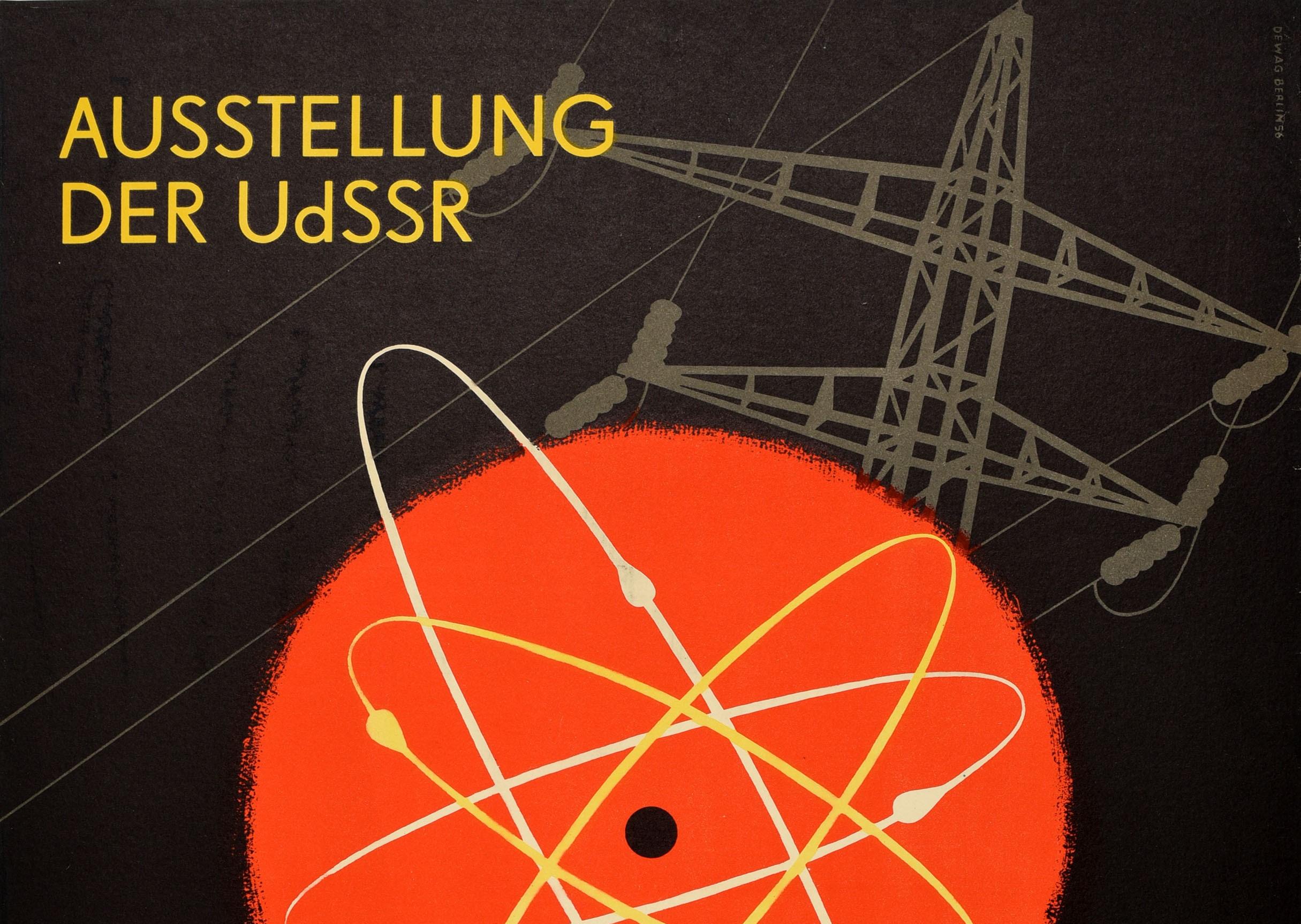 Original vintage advertising poster for the Exhibition of the USSR Atomic Energy For Peace / Ausstellung der USSR Atomenergie Fur Den Frieden held from 11 November to 16 December at the Leipzig Gelande der Technischen Messe / Technical Fair Hall