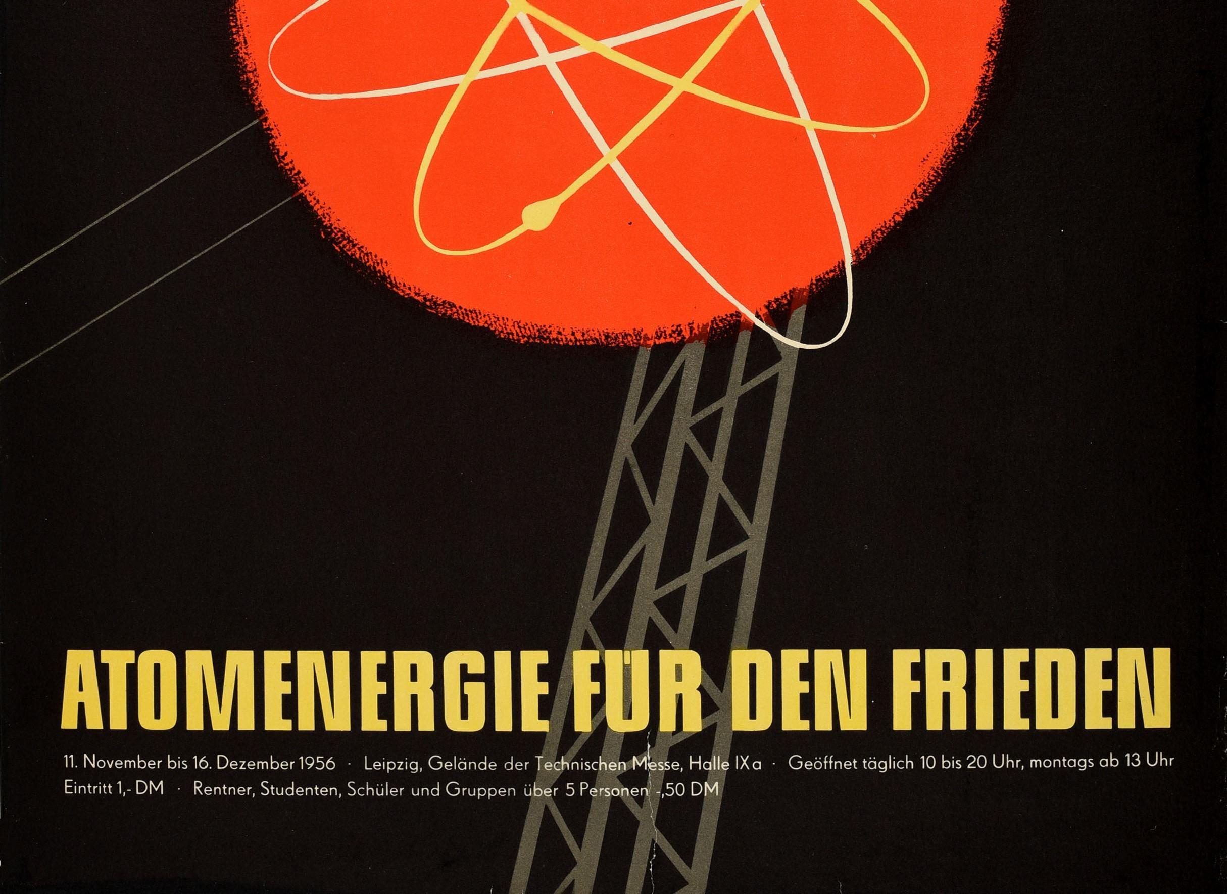 German Original Vintage Poster Atomic Energy For Peace USSR Exhibition Leipzig Fair