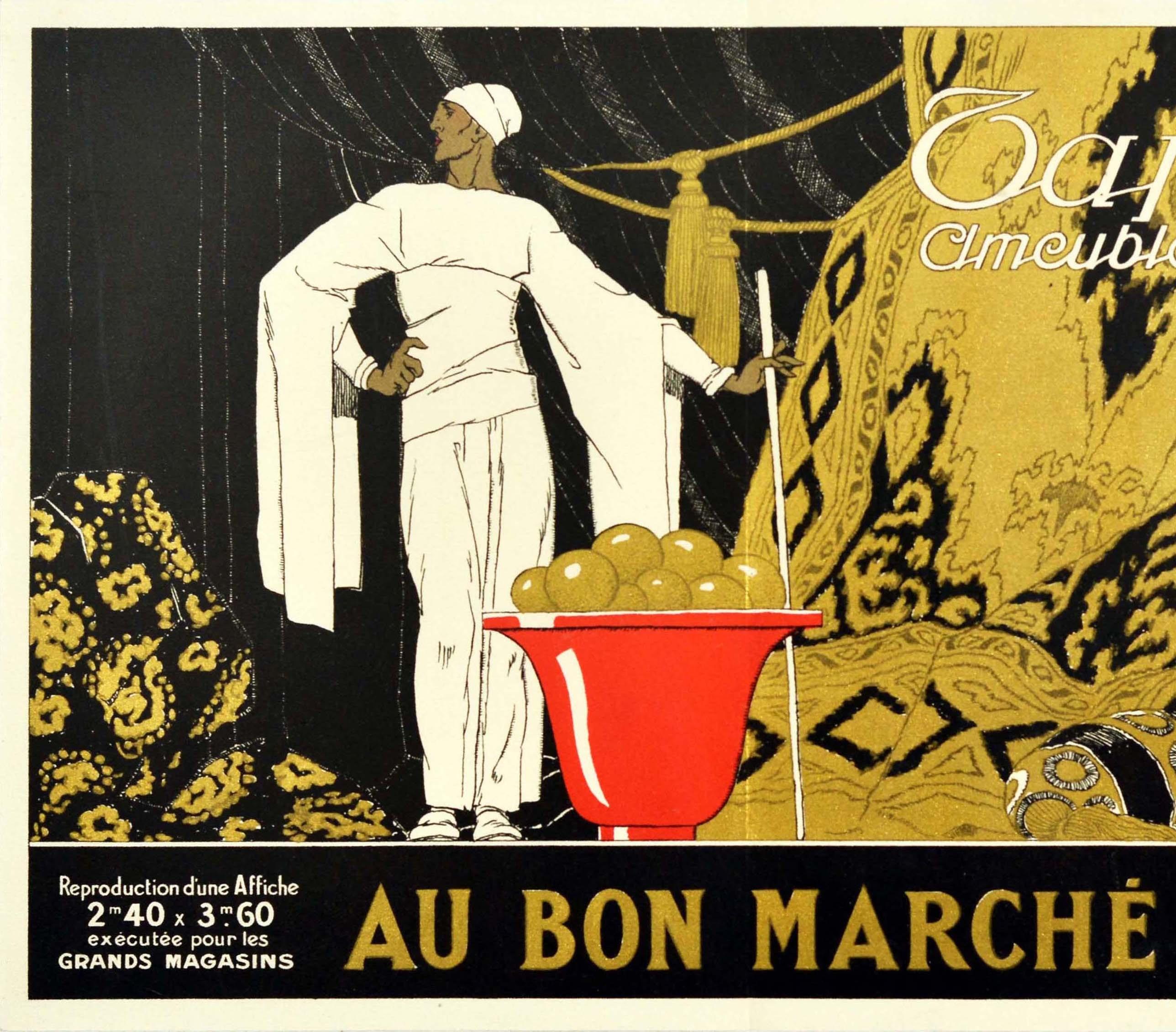 Original vintage advertising poster for Le Bon Marche department store in Paris designed by the influential French Art Deco illustrator Rene Vincent (1879-1936) promoting the home furnishings department featuring a man in white with flowing sleeves