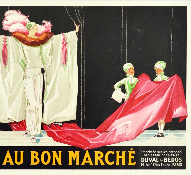 Art Deco Original Vintage Poster Au Bon Marche Paris Fashion Textiles Fabric Stage Design For Sale
