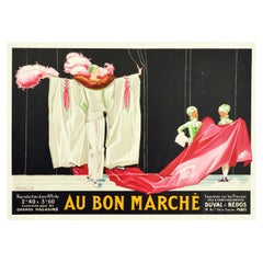 Affiche vintage d'origine Au Bon Marche Paris - Mode - Textiles - Dessin de scène