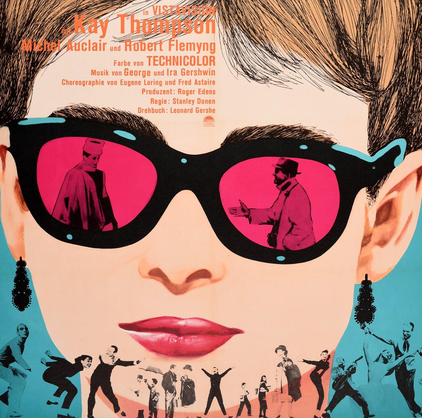 Original vintage movie poster for the German release of an American romantic comedy musical film Das Rosarote Mannequin / Funny Face directed by Stanley Donen and written by Leonard Gershe and starring Audrey Hepburn and Fred Astaire. Colourful and