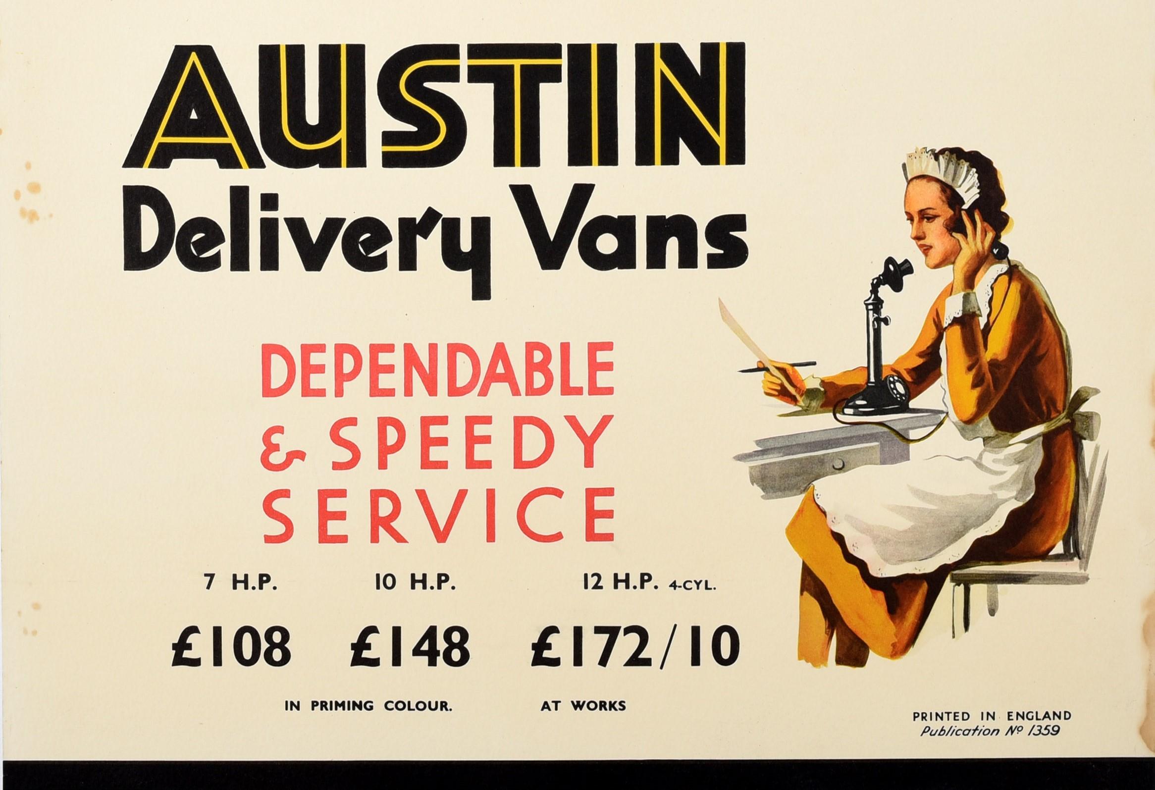 Art déco Affiche vintage d'origine Austin Motor Co Delivery Van Food Drink - Publicité Art Déco en vente