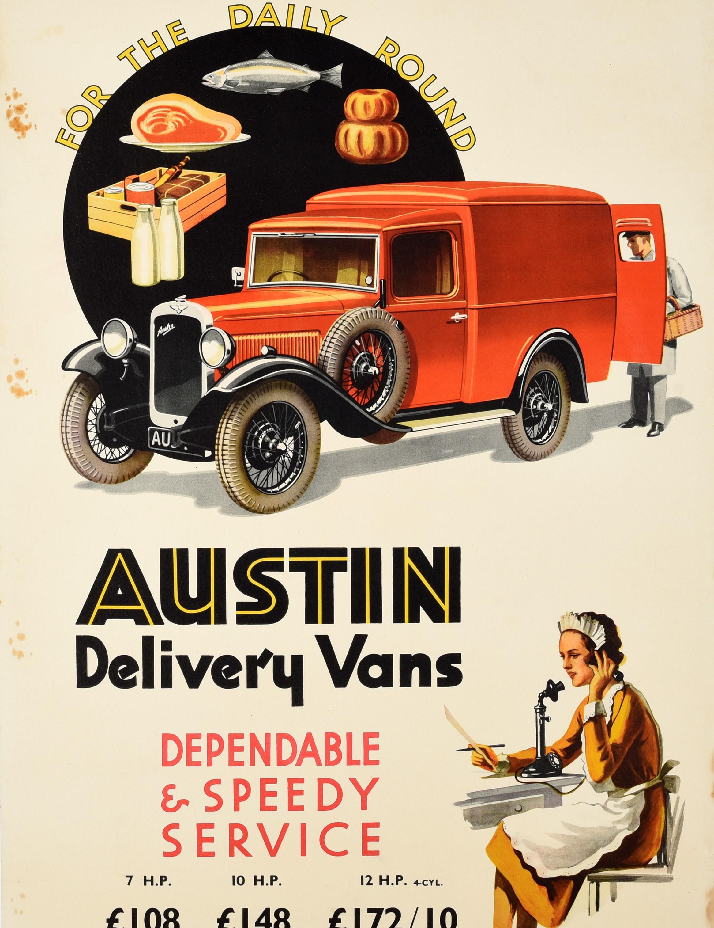 British Original Vintage Poster Austin Motor Co Delivery Van Food Drink Art Deco Advert For Sale