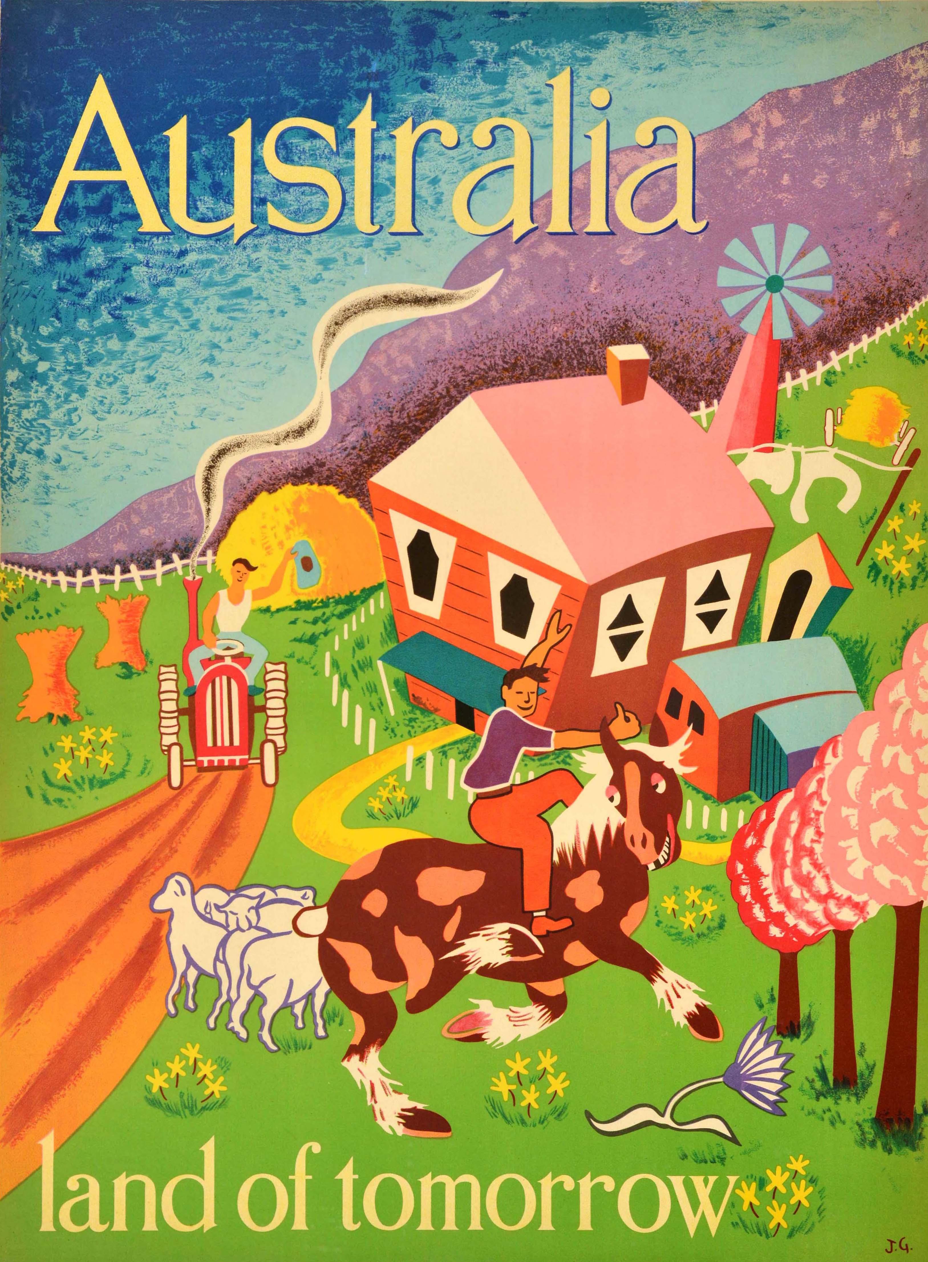 Poster originale d'epoca - Australia land of tomorrow - con un disegno luminoso e colorato dell'artista australiano Joe Greenberg (Joseph Greenberg; 1923-2007) che raffigura un'ambientazione rurale con un uomo sorridente che cavalca un cavallo in
