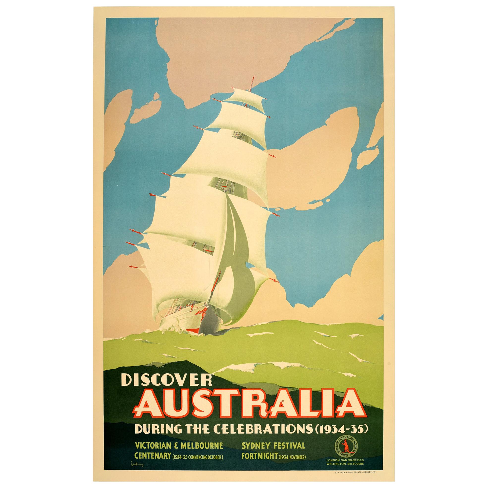 Original Vintage Poster Australia Victorian Melbourne Sydney Festival Tall Ship For Sale