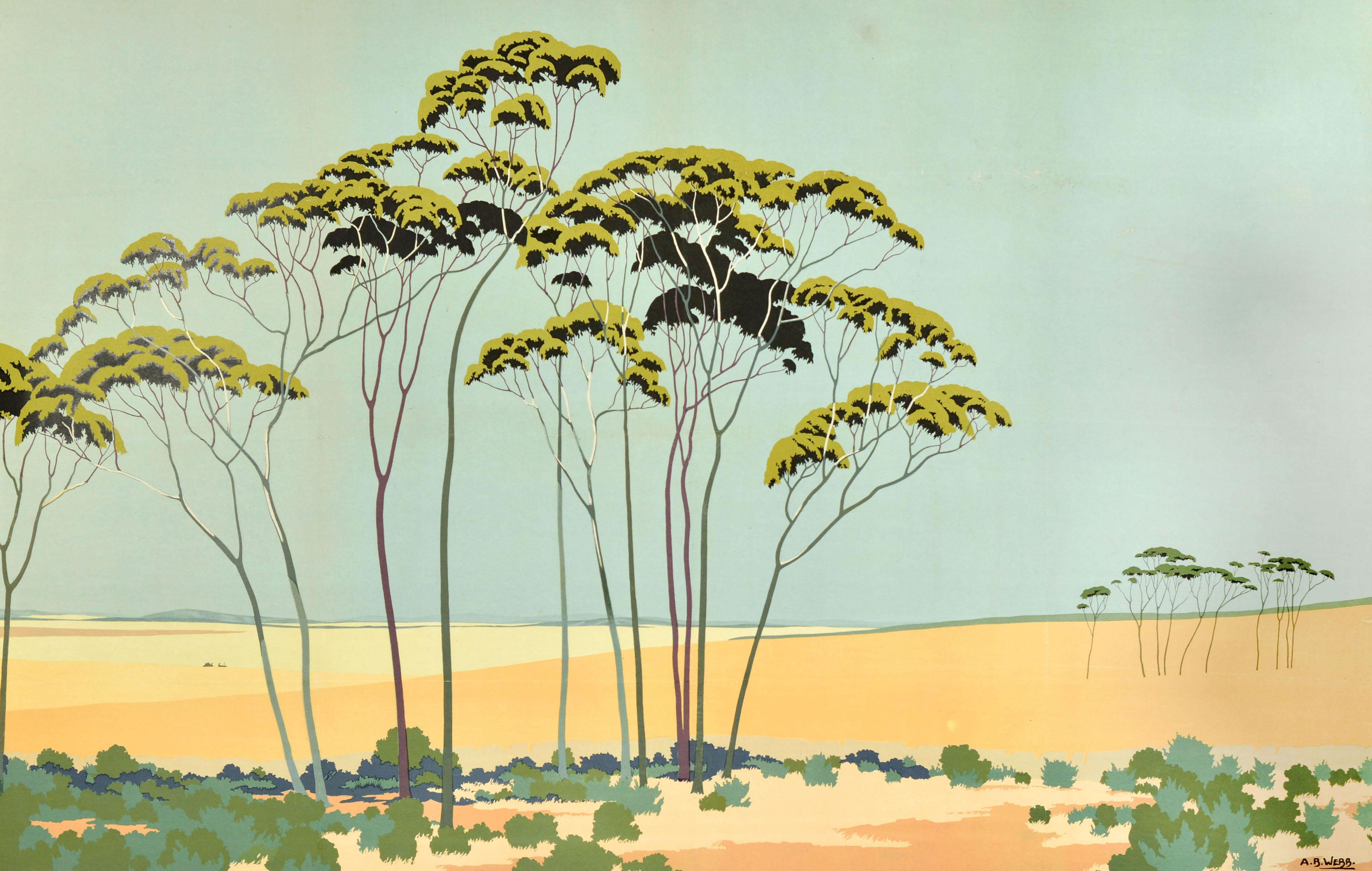 Affiche originale d'époque - Blé australien - émise par l'Empire Marketing Board (EMB 1926-1933) comportant une superbe illustration d'Archibald Bertram Webb (1887-1944) représentant une vue agricole de grands arbres dans des champs de blé pâles
