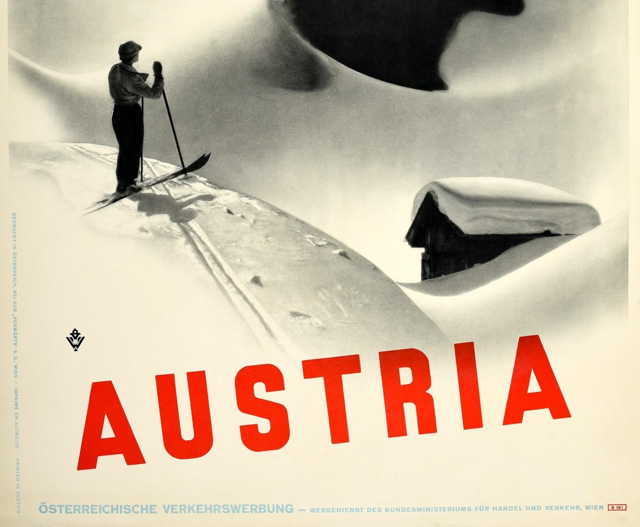 Austrian Original Vintage Poster Austria Travel Winter Sport Skiing Mountain Chalet View