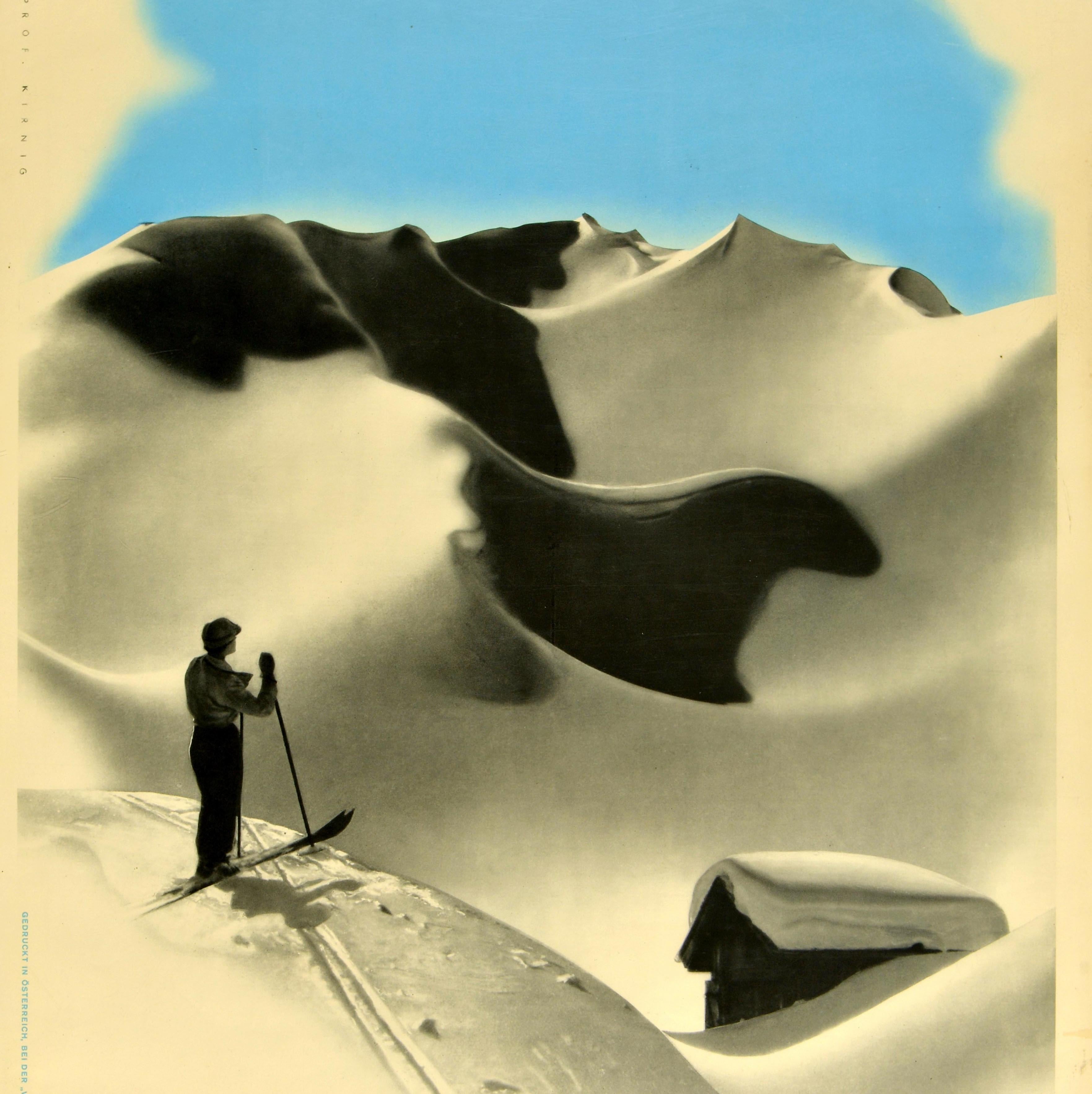 Original vintage winter sport skiing poster for Austria featuring a scenic view in black and white by Atelier Prof. Kirnig (Paul Kirnig; 1891-1955. This is a blank poster before the text was printed, the image features a skier standing on skis at