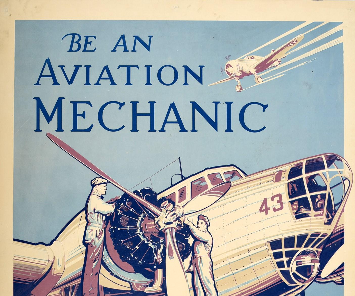 Original vintage World War Two recruitment poster - Be An Aviation Mechanic in the Air Corps US Army Enlist Now! - featuring great artwork showing two mechanics working on the propeller of a military bomber plane on an airfield with a plane flying