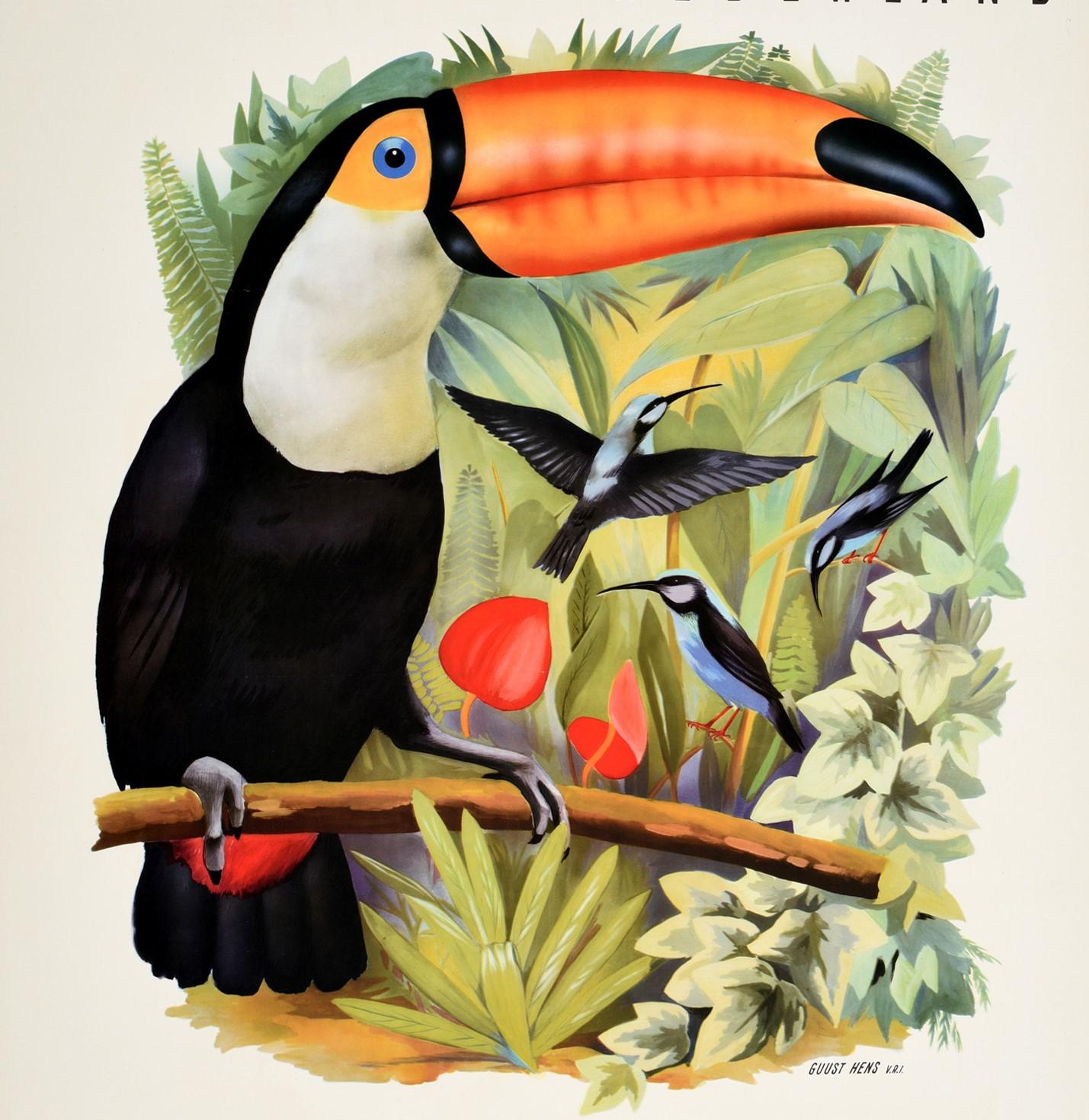 Original vintage travel poster advertising The Pride of the Netherlands Avifauna Bird Park Alphen on the Rhine / De Trots Van Nederland Avifauna Alphen aan den Rijn featuring a great illustration of a colourful toucan on a tree branch in front of