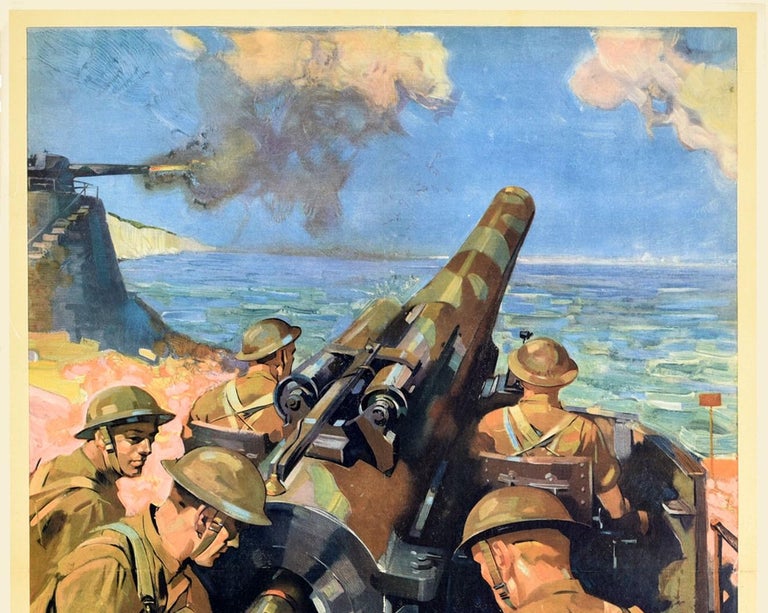 Original vintage World War Two propaganda poster - Back Them Up! - featuring dramatic artwork by the notable British artist Terence Tenison Cuneo (1907-1996) showing five soldiers in uniform loading and firing a cannon gun from the shore with