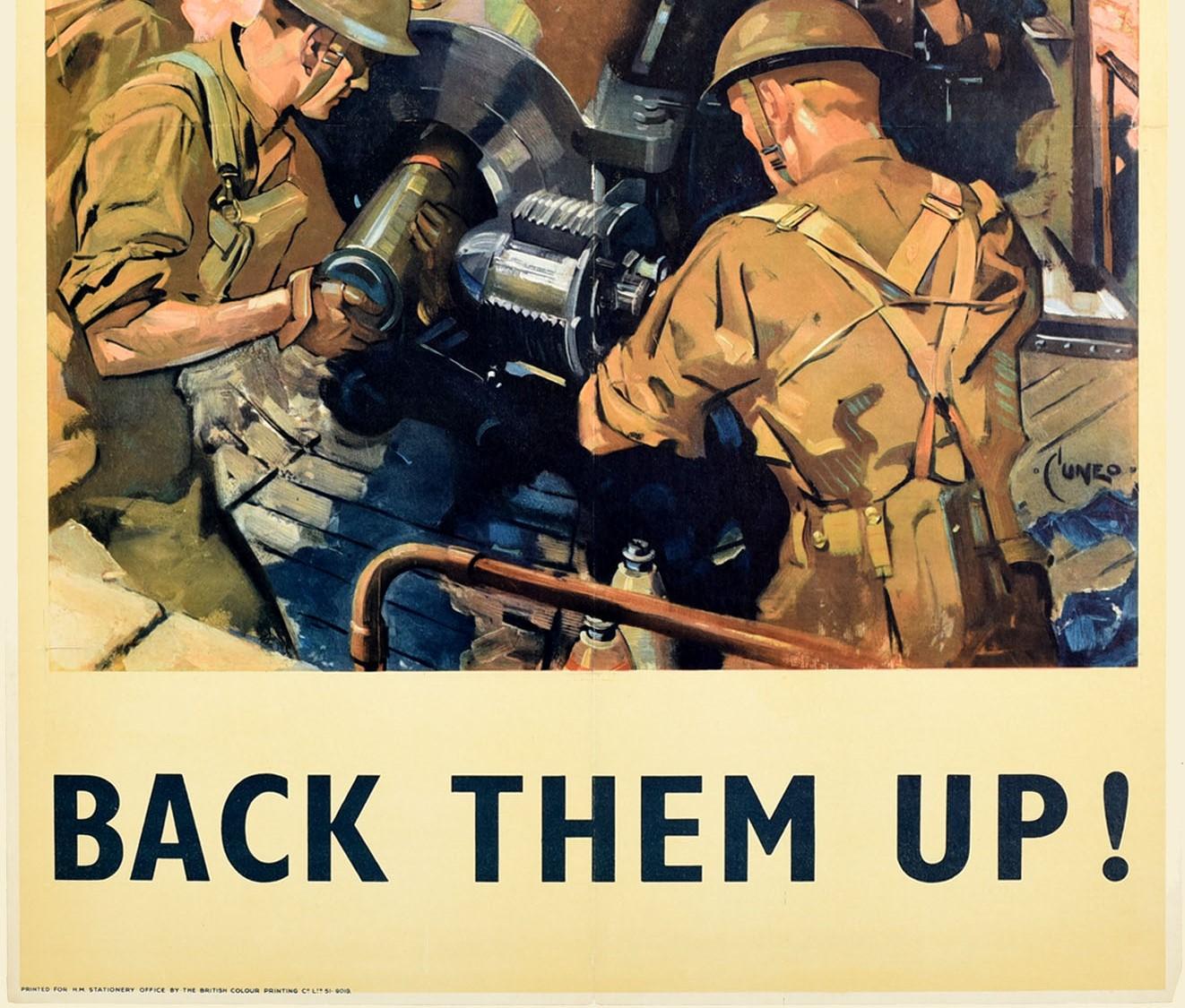 Britannique Affiche vintage d'origine Back Them Up de la Seconde Guerre mondiale - Artillerie de bataille - Battery Coastal Cuneo en vente