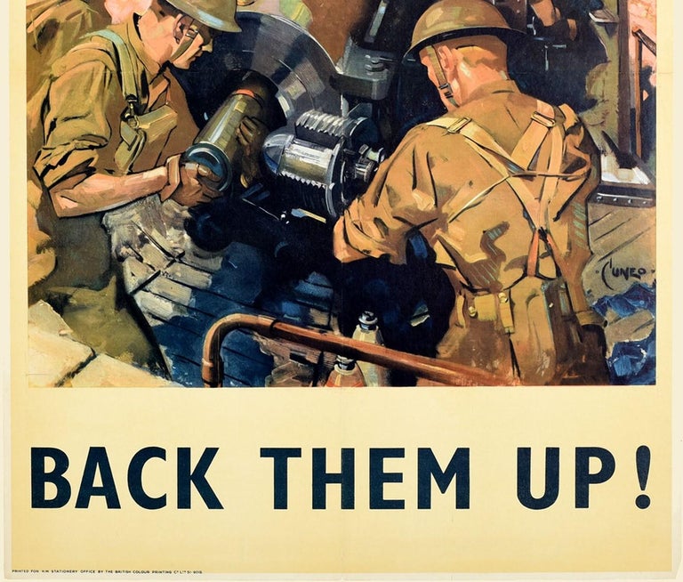 British Original Vintage Poster Back Them Up WWII Battle Artillery Coastal Battery Cuneo For Sale