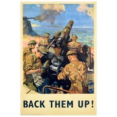 Original Vintage Poster Back Them Up WWII Battle Artillery Coastal Battery Cuneo