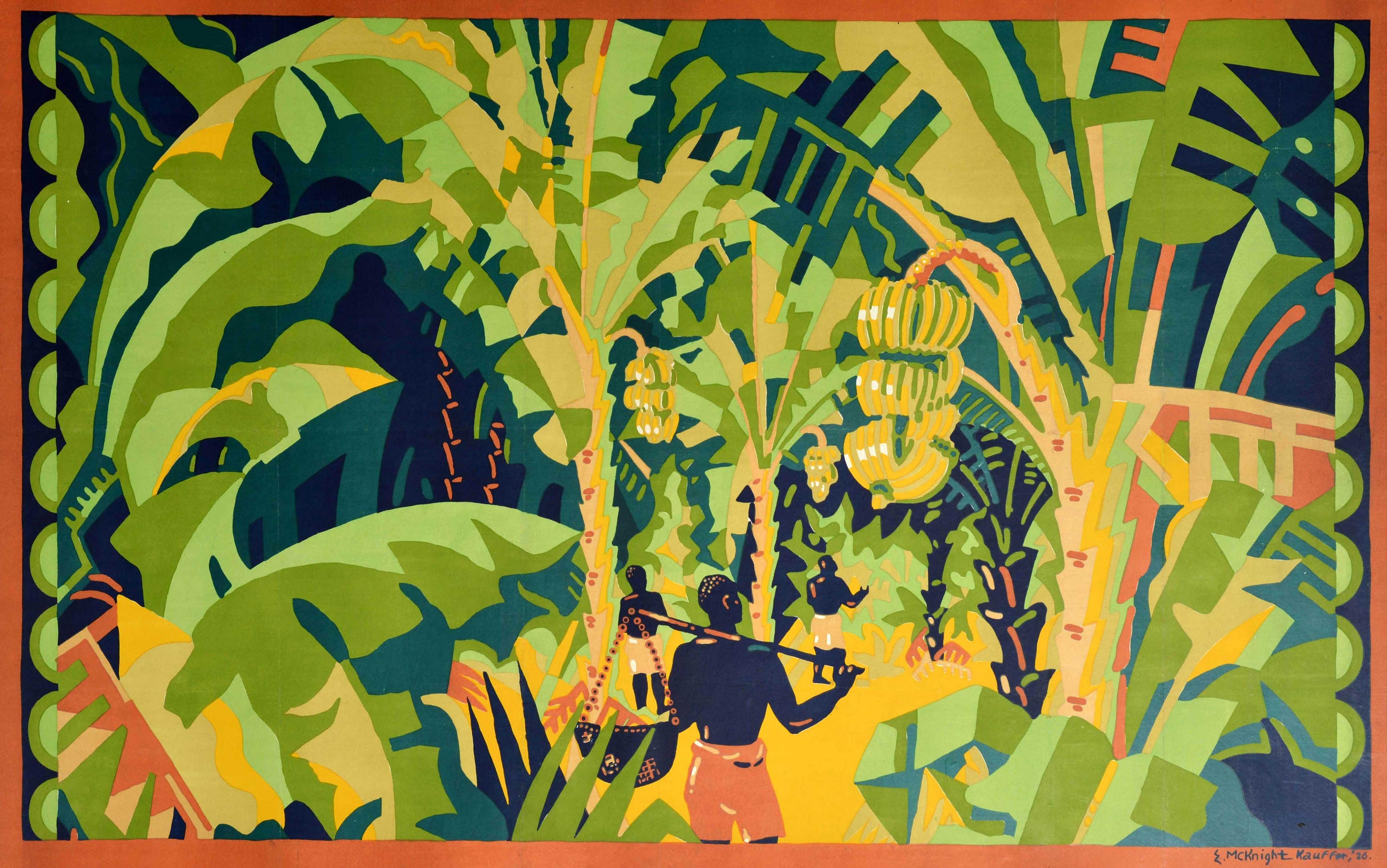 Original vintage poster issued by the EMB Empire Marketing Board featuring a colourful illustration by one of the most renowned poster artists of the 20th century Edward McKnight Kauffer (1890-1954) entitled Banana Palms showing the harvesting