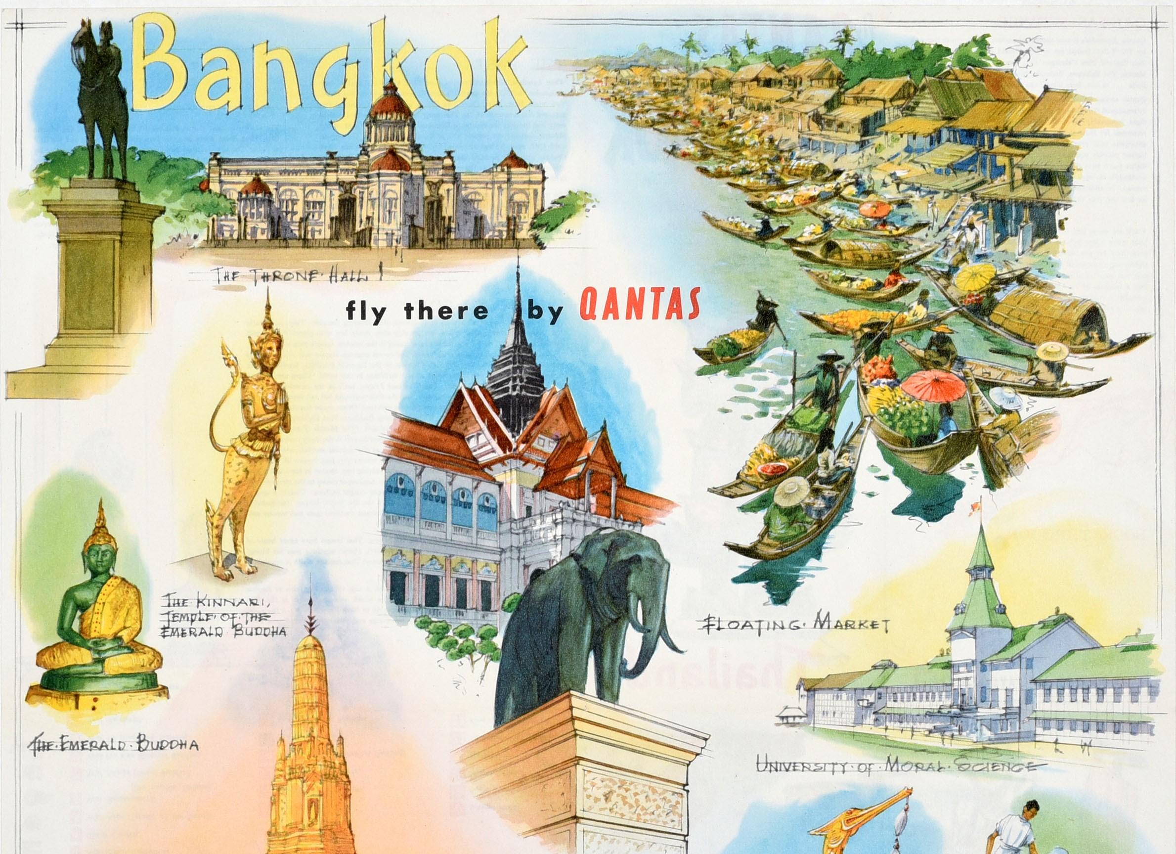 Original vintage travel brochure poster for Bangkok fly there by Qantas featuring colourful scenic illustrations of notable and historic places and views including buddhist temples and a classical dancer in traditional costume, a royal state barge