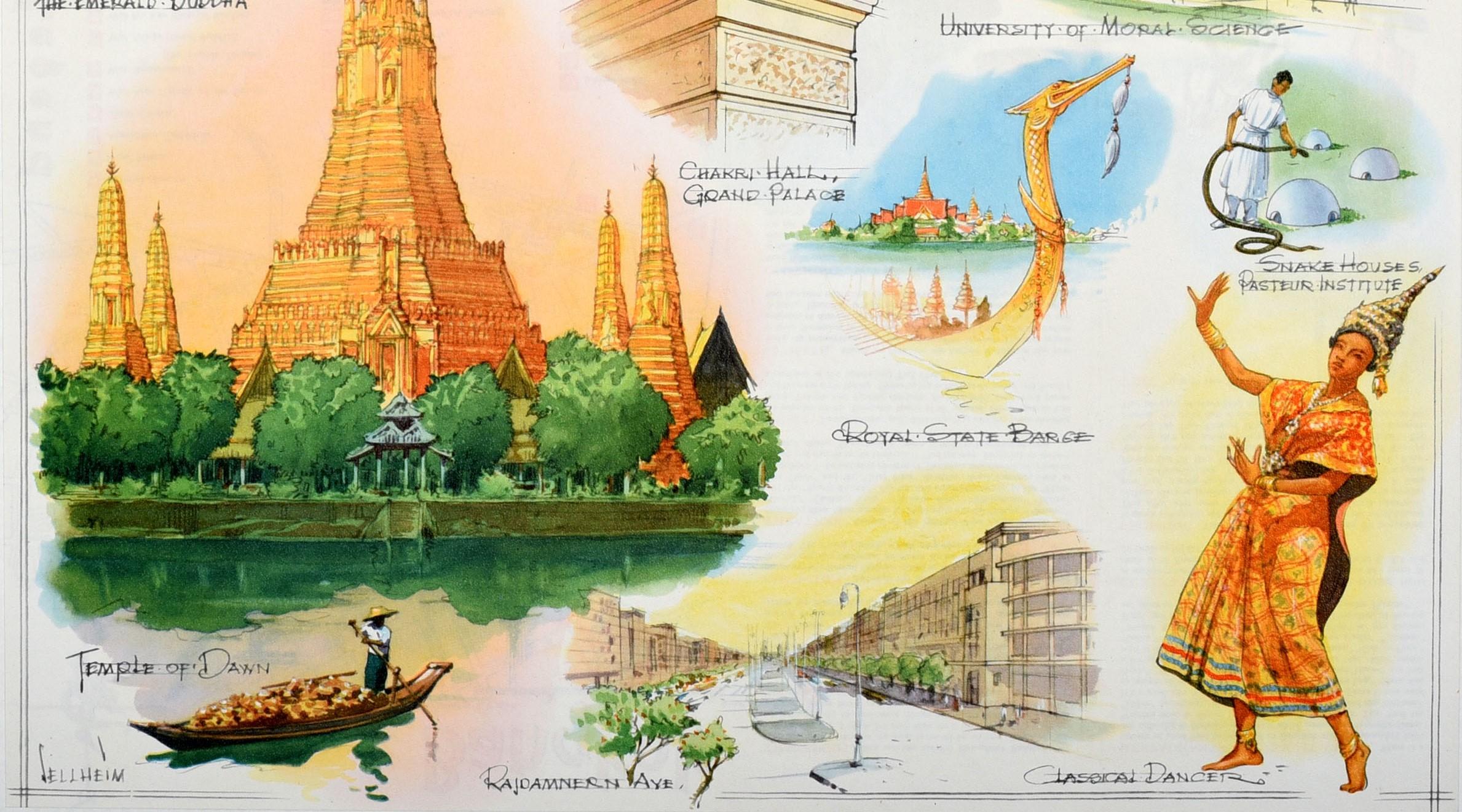 Australian Original Vintage Poster Bangkok Thailand Fly There By Qantas Asia Air Travel Art