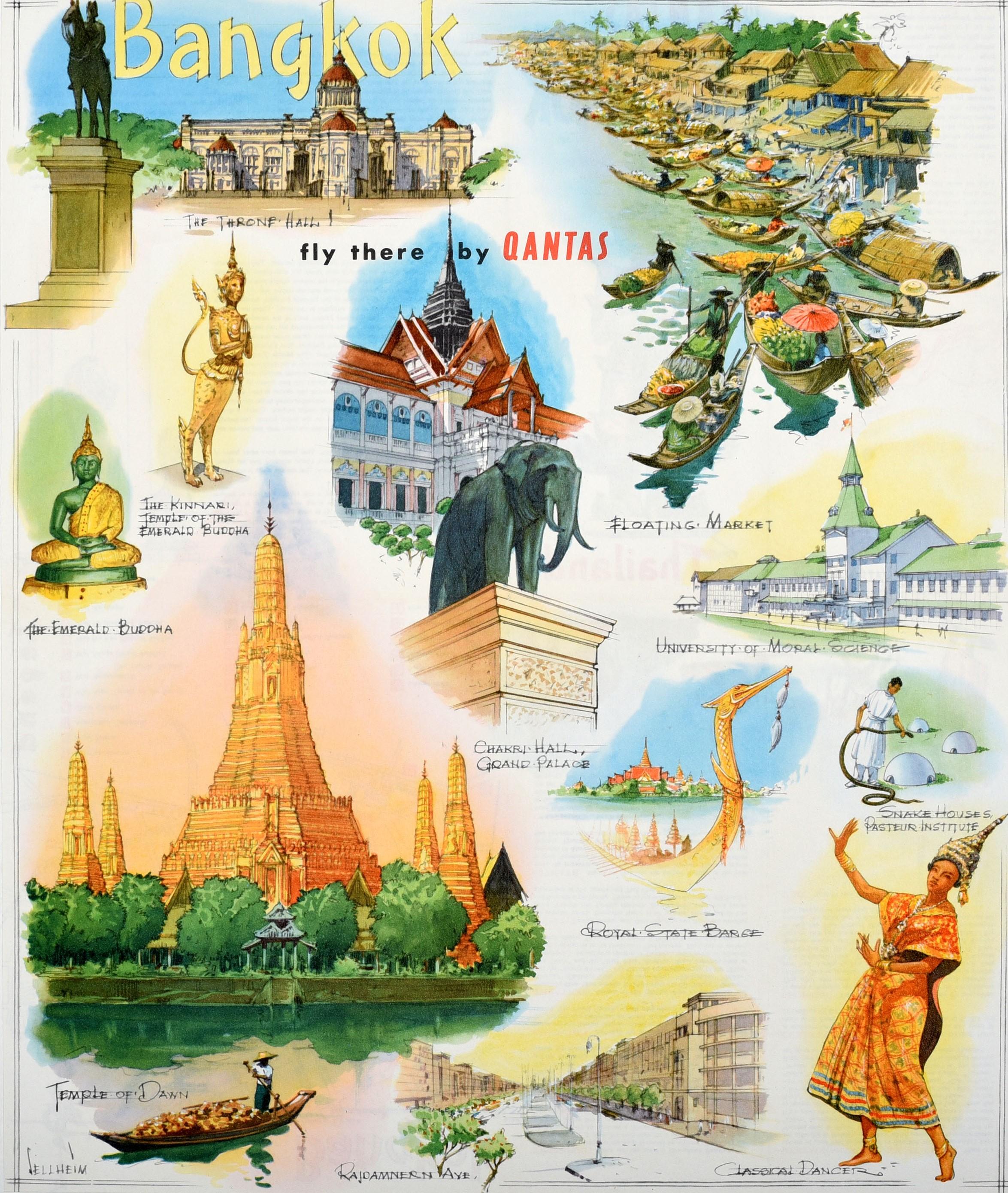 Original Vintage Poster Bangkok Thailand Fly There By Qantas Asia Air Travel Art In Good Condition In London, GB