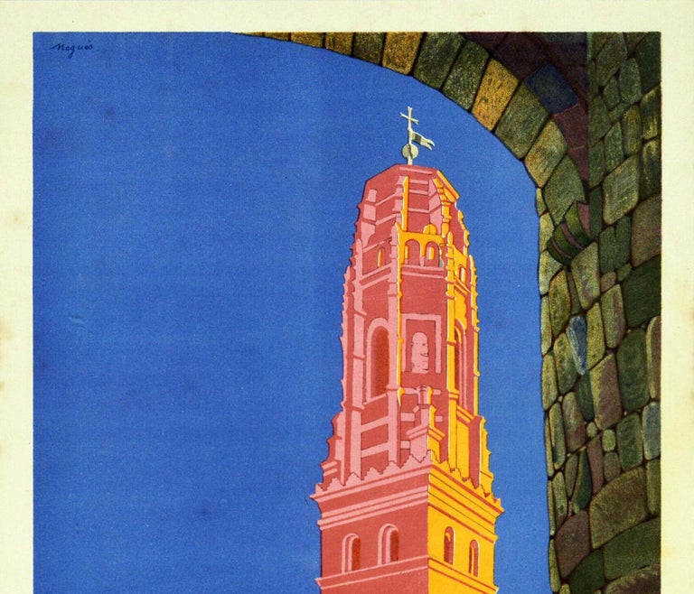 Original vintage advertising poster featuring colourful artwork by the Spanish painter, ceramist and engraver Xavier Nogues (1873-1941) depicting the historic Tower of the Mirrors / Torre de los Espejos of the 16th century Gothic Mudejar style