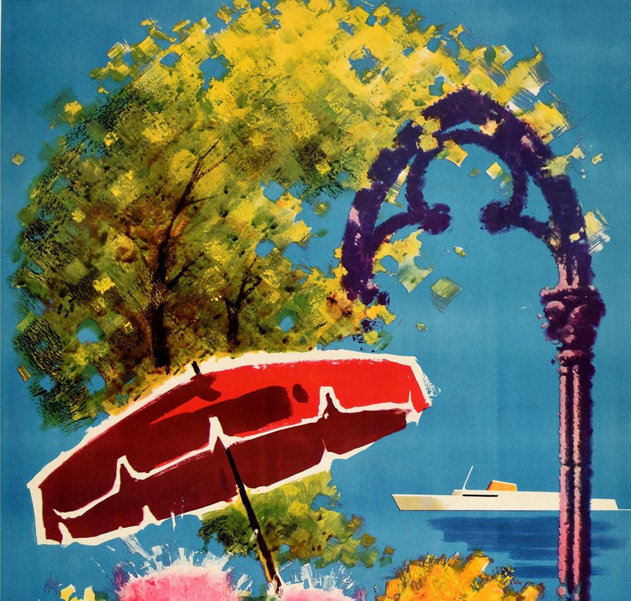 Original vintage travel poster for Barcelona issued by the Municipal Office of Tourism and Information featuring colourful artwork depicting a red sun umbrella above flowers in front of a tree with a sleek white ship on the blue water in the