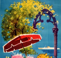 Original Vintage Poster Barcelona Spain Travel Art Flowers Ship Design Tourism