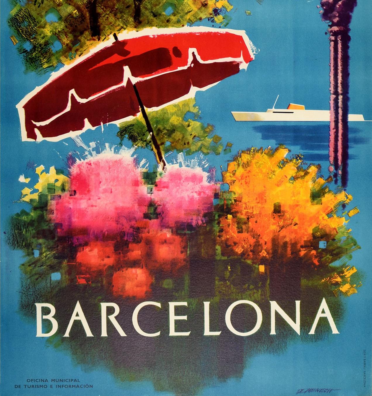 Spanish Original Vintage Poster Barcelona Spain Travel Art Flowers Ship Design Tourism For Sale