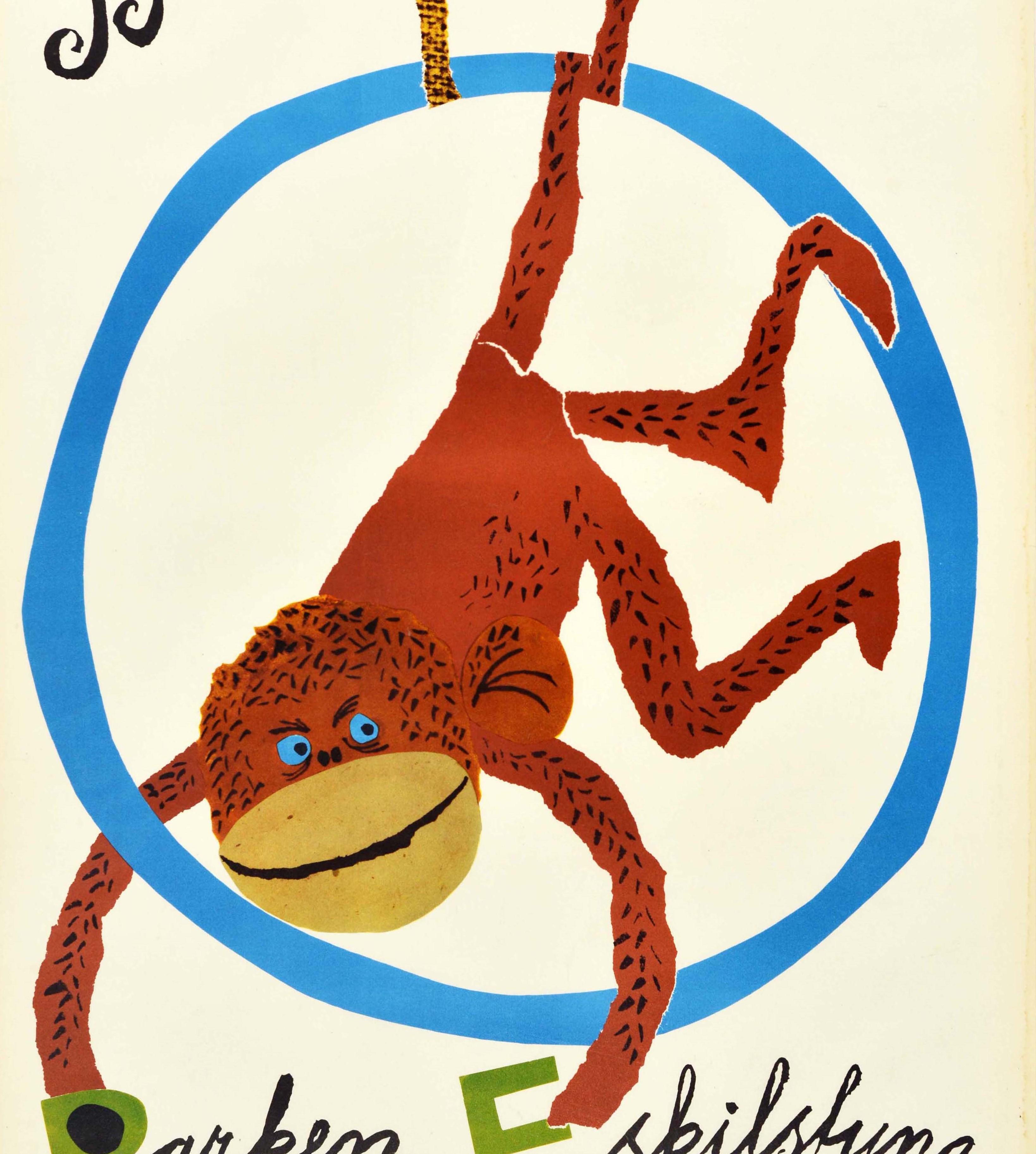 Original vintage travel poster promoting the Children's Zoo at Parken Eskilstuna in Sweden - Barnens Zoo Parken Eskilstuna Sweden - featuring a fun and colourful illustration of a mischievous monkey hanging upside down from a blue ring with its tail