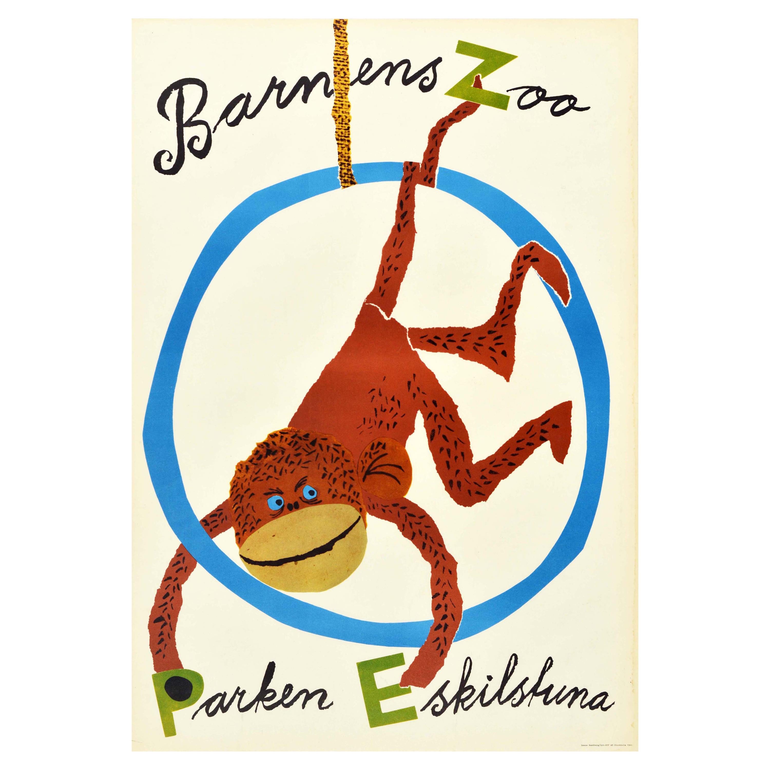 Original Vintage Poster Barnens Zoo Parken Eskilstuna Sweden Children Monkey Art