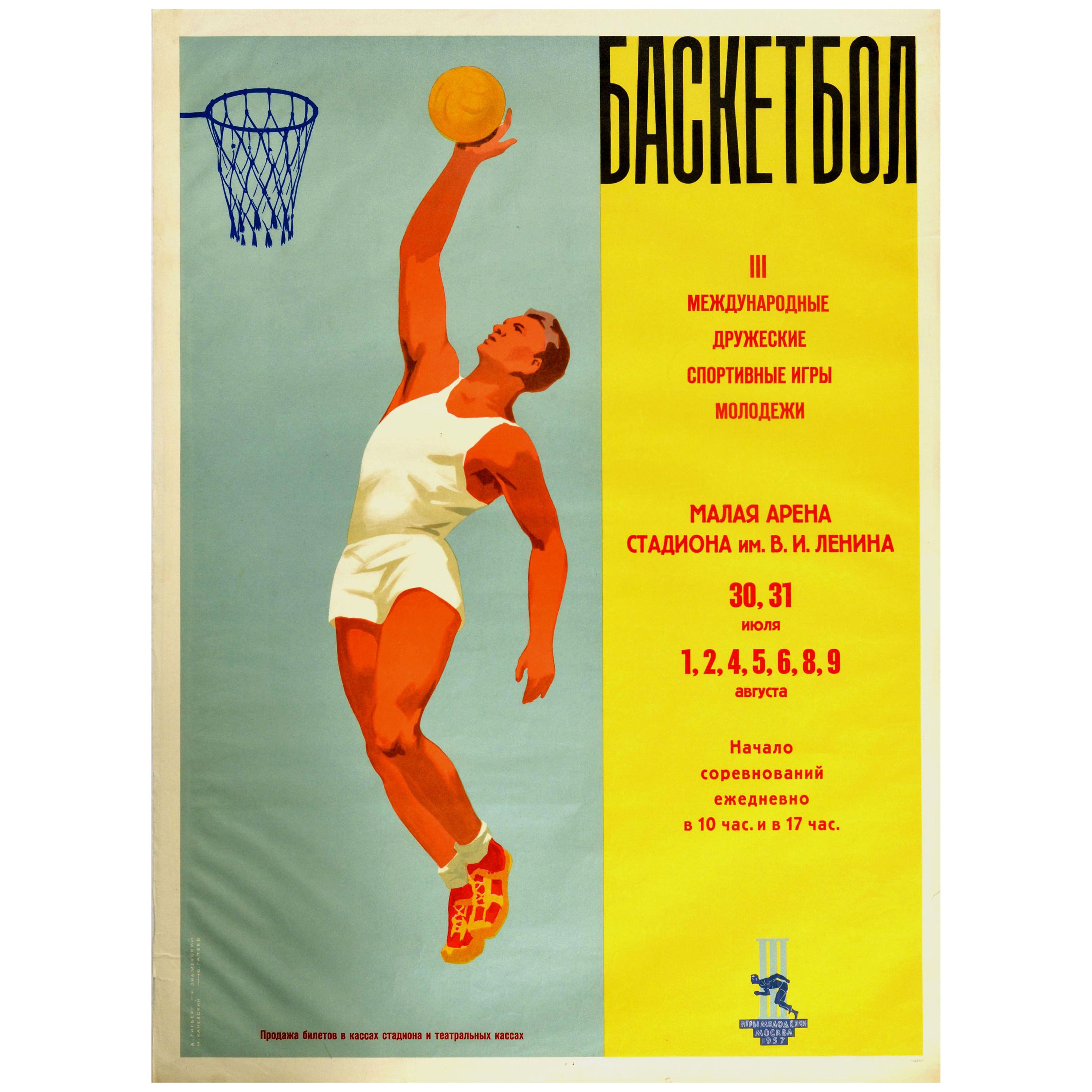 Affiche vintage originale Basketball III, Amitié, Moscou, Jeunesse, Jeux, URSS, Sport