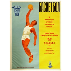 Affiche vintage originale Basketball III, Amitié, Moscou, Jeunesse, Jeux, URSS, Sport