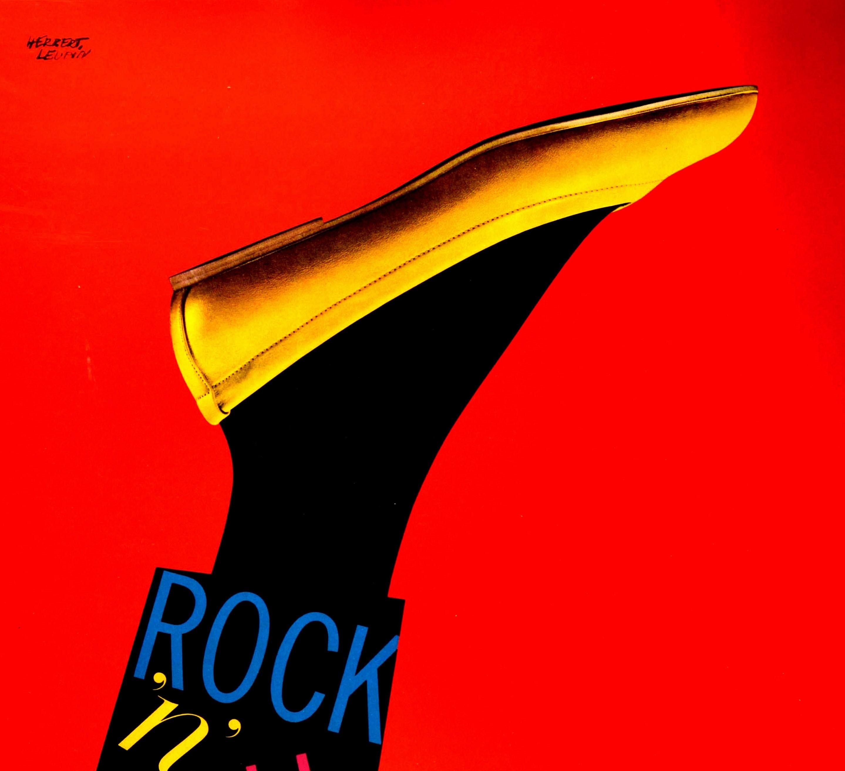 Original vintage advertising poster for Bata Shoes Swiss Made 1490 Rock n Roll featuring great artwork by the notable Swiss graphic designer Herbert Leupin (1916-1999) of a fashionable yellow gold ladies shoe on a red background with the colourful
